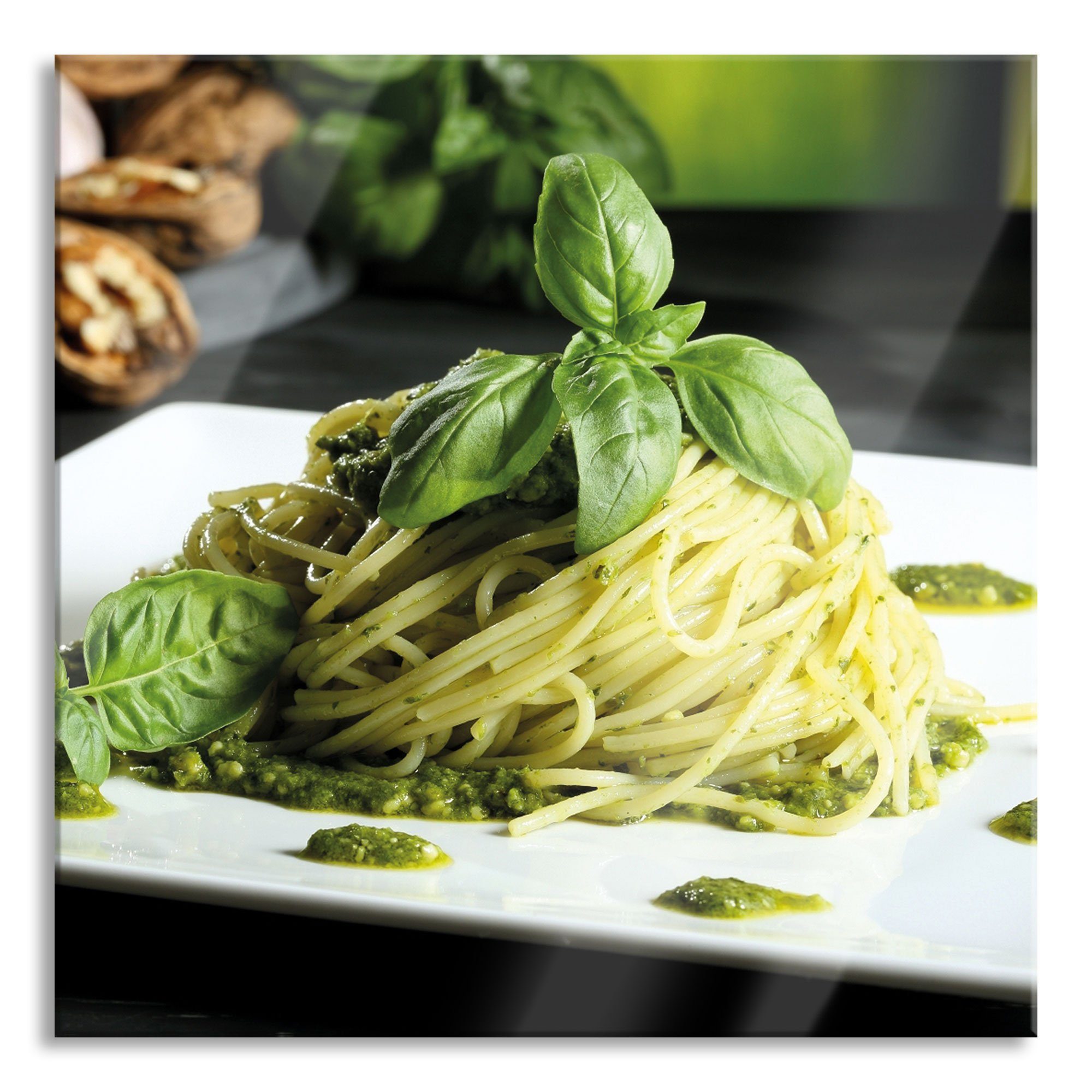 Spaghetti Glasbild aus (1 grünem Aufhängungen grünem Glasbild mit Spaghetti mit Pixxprint inkl. Pesto Abstandshalter Echtglas, und St), Pesto,