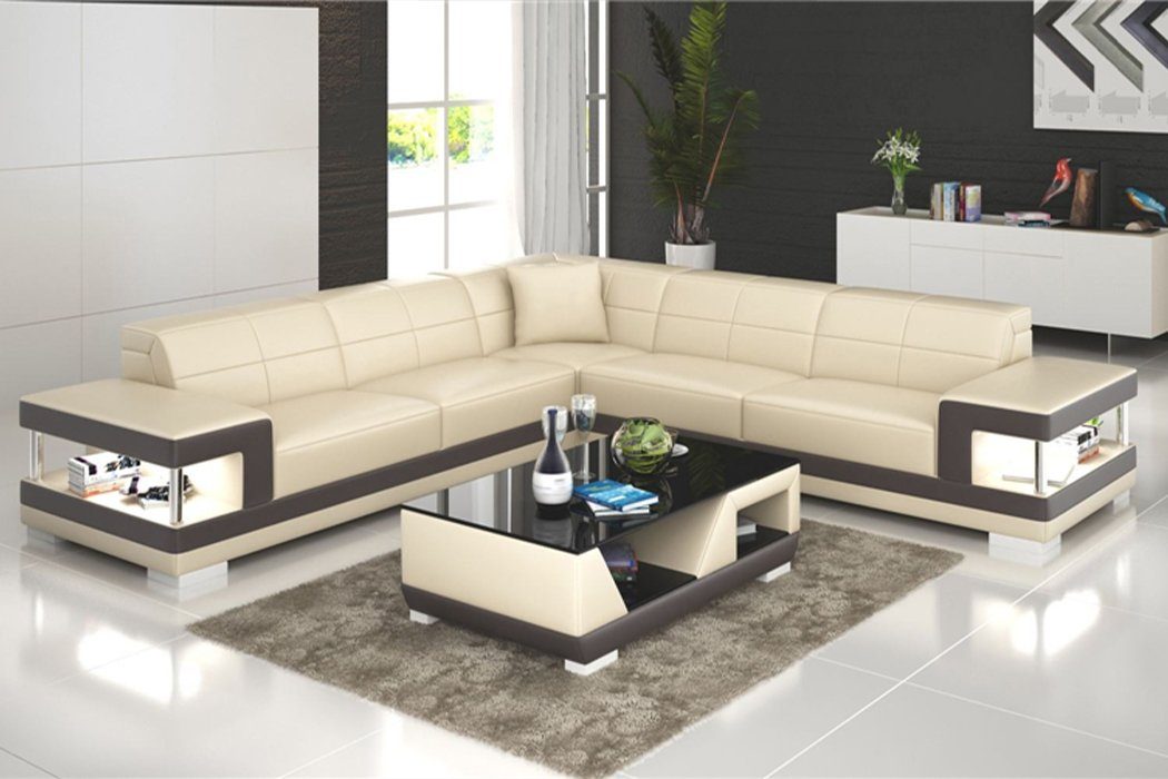 L-Form Beige Ledersofa Ecksofa Wohnlandschaft Garnitur JVmoebel Design Sofa Couch Ecksofa,