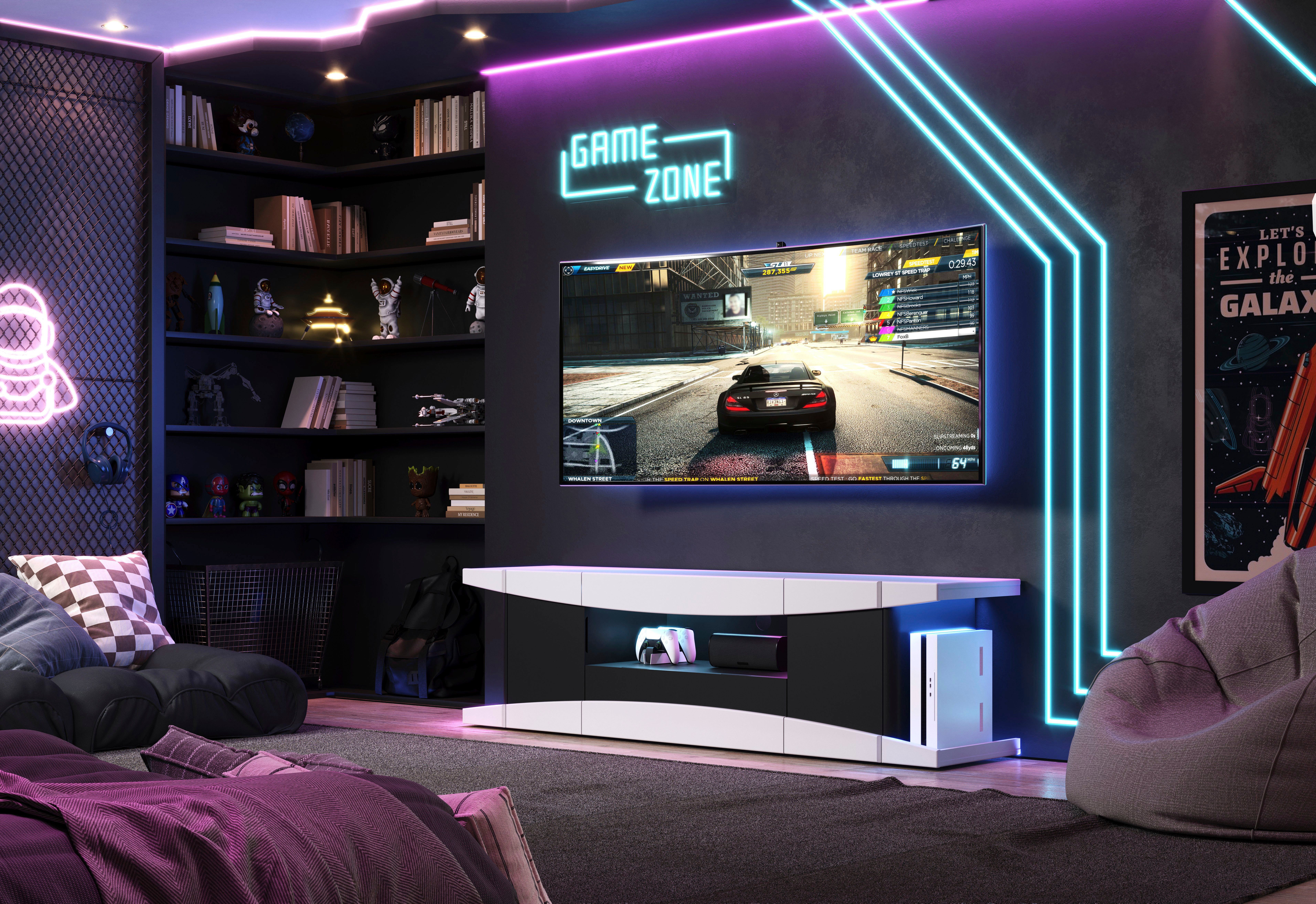 Home affaire Lowboard NextLevel speziell geeignet für Spielekonsolen, Gaming-Lowboard wahlweise mit Beleuchtung - (B/T/H) 180/42/52 cm