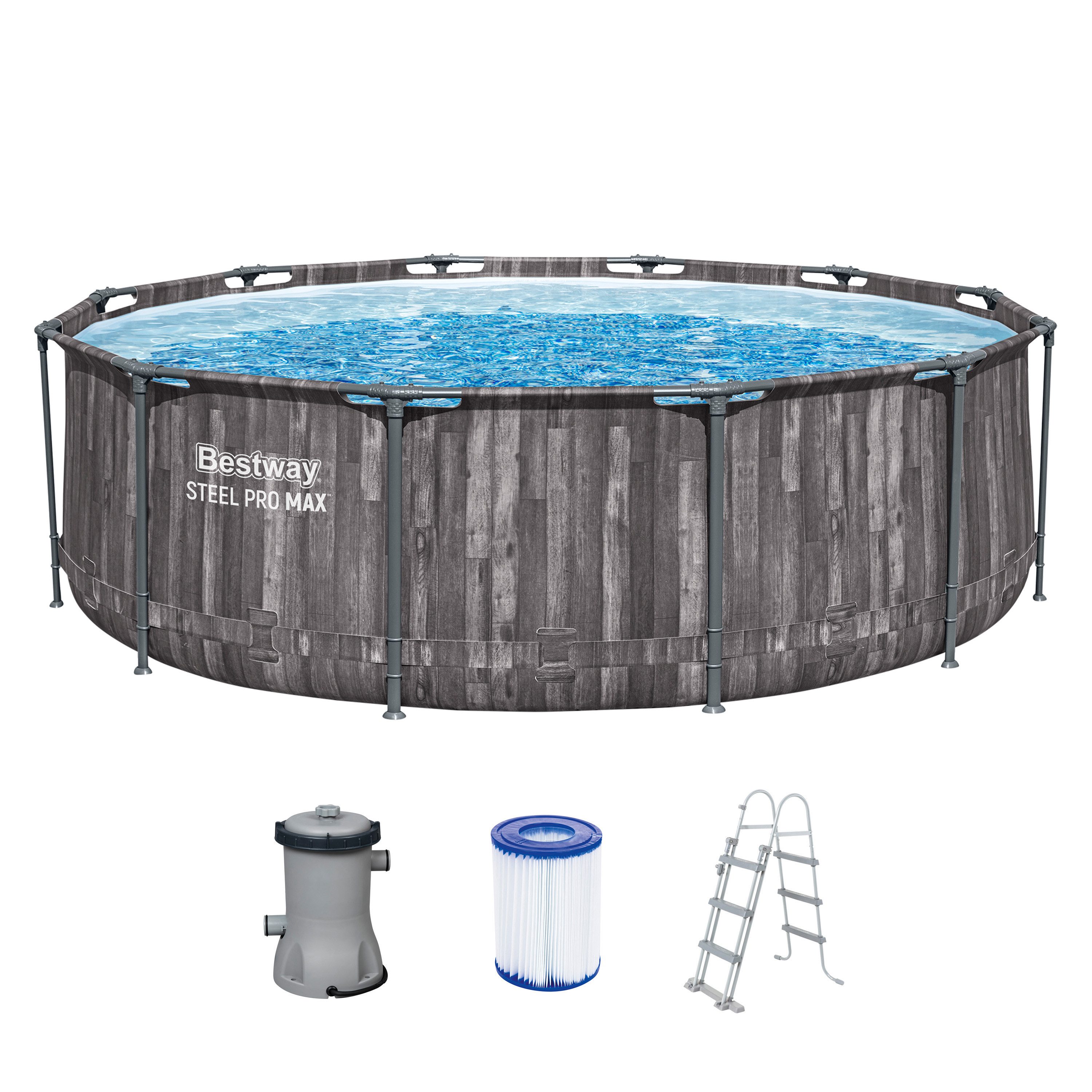 Bestway Framepool Steel Pro MAX™ Frame Pool-Set mit Filterpumpe Ø 366 x 100 cm, Holz-Opt (Set)