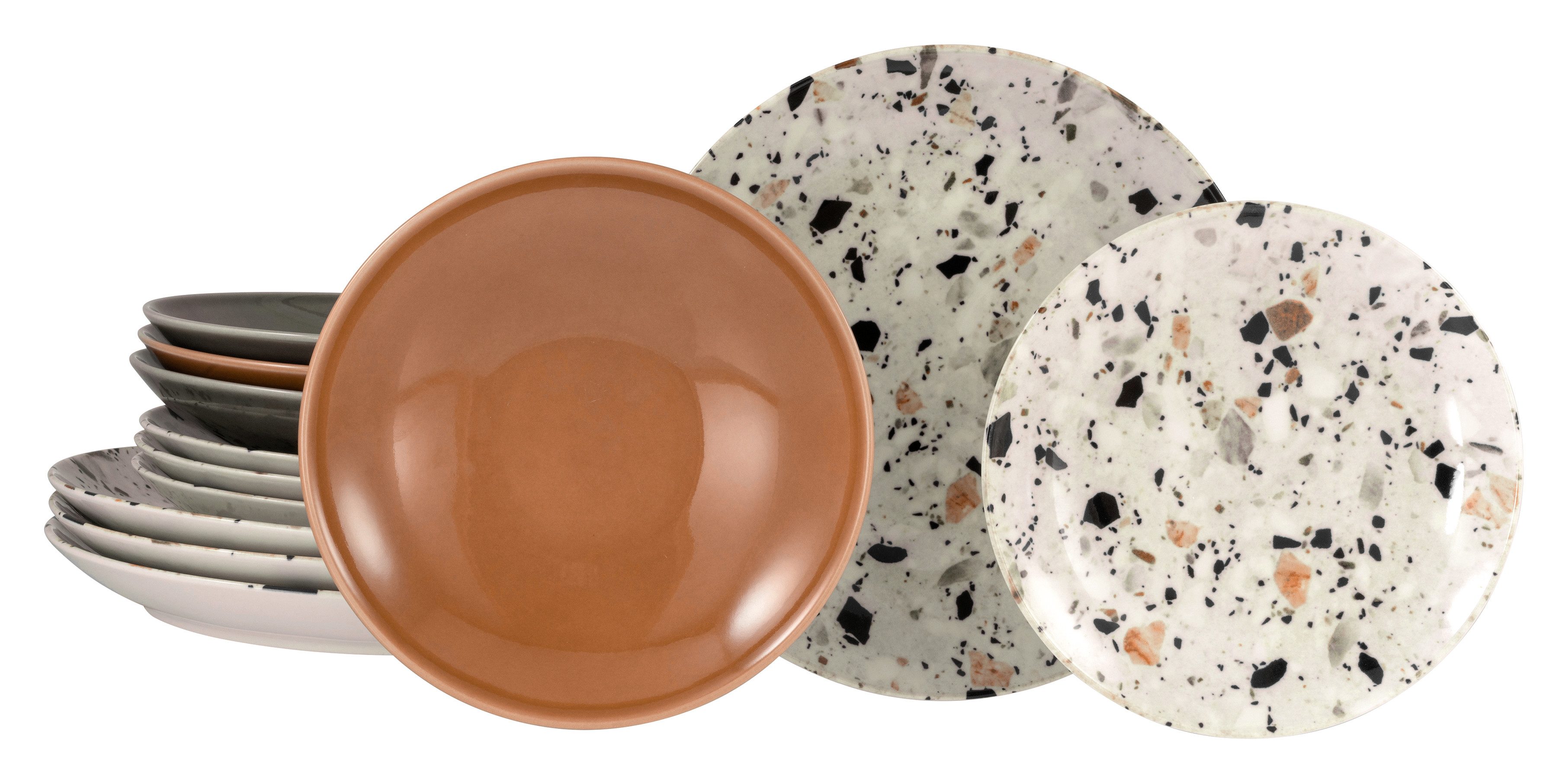 CreaTable Teller-Set Terrazzo Mix, Teller Set 12-tlg. (12-tlg), 4 Personen, Steinzeug, Unregelmäßige Steine, Steinoptik
