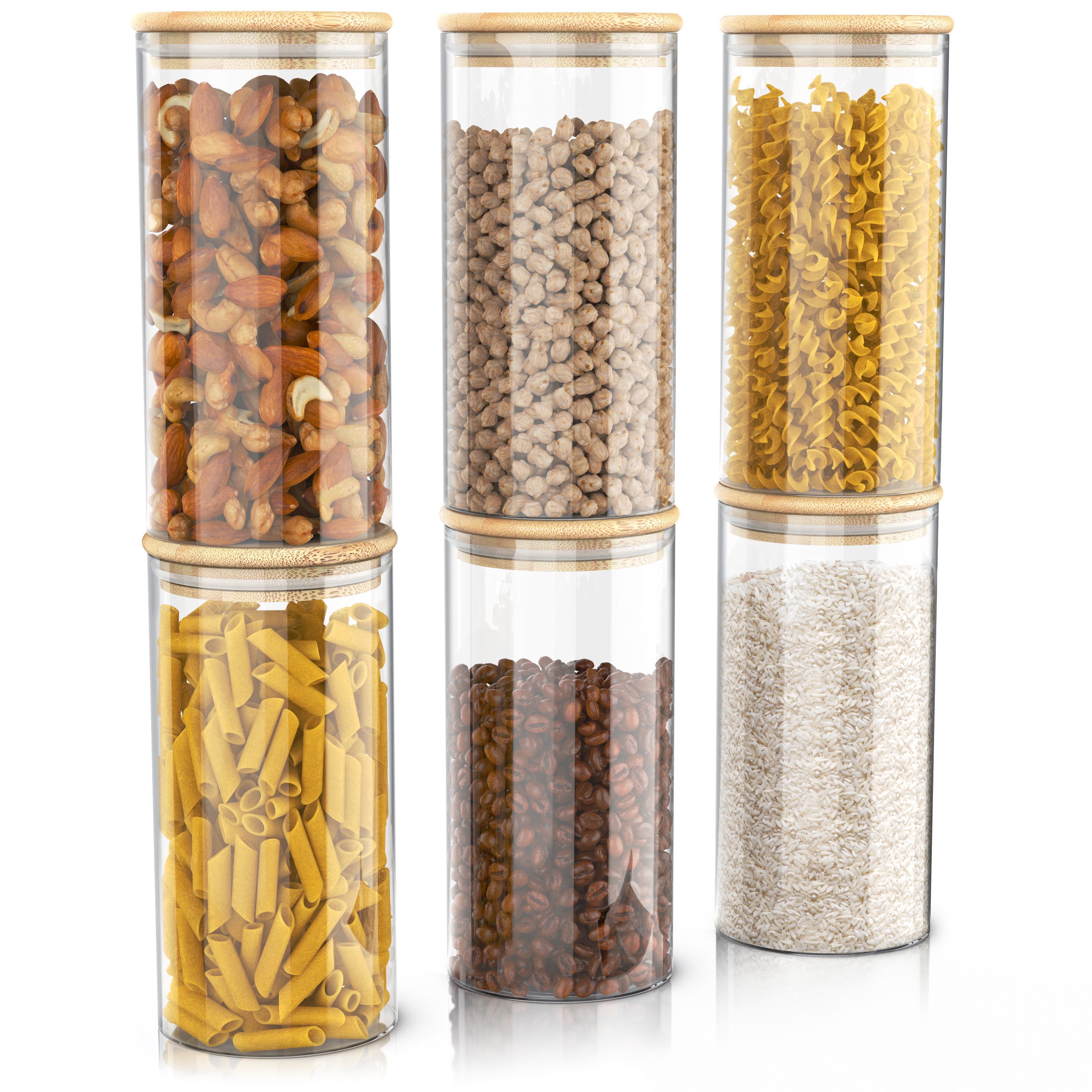 Arendo Aufbewahrungsbecher Glasbehälter-Set 6x 2,2 L Borosilikatglas mit Bambusdeckel, luftdicht, Borosilikatglas, Bambus, Silikon, (Vorratsbehälter-Set, 6-tlg., 6er Set), Hitzebeständig, umweltfreundlich, langlebig, mikrowellengeeignet