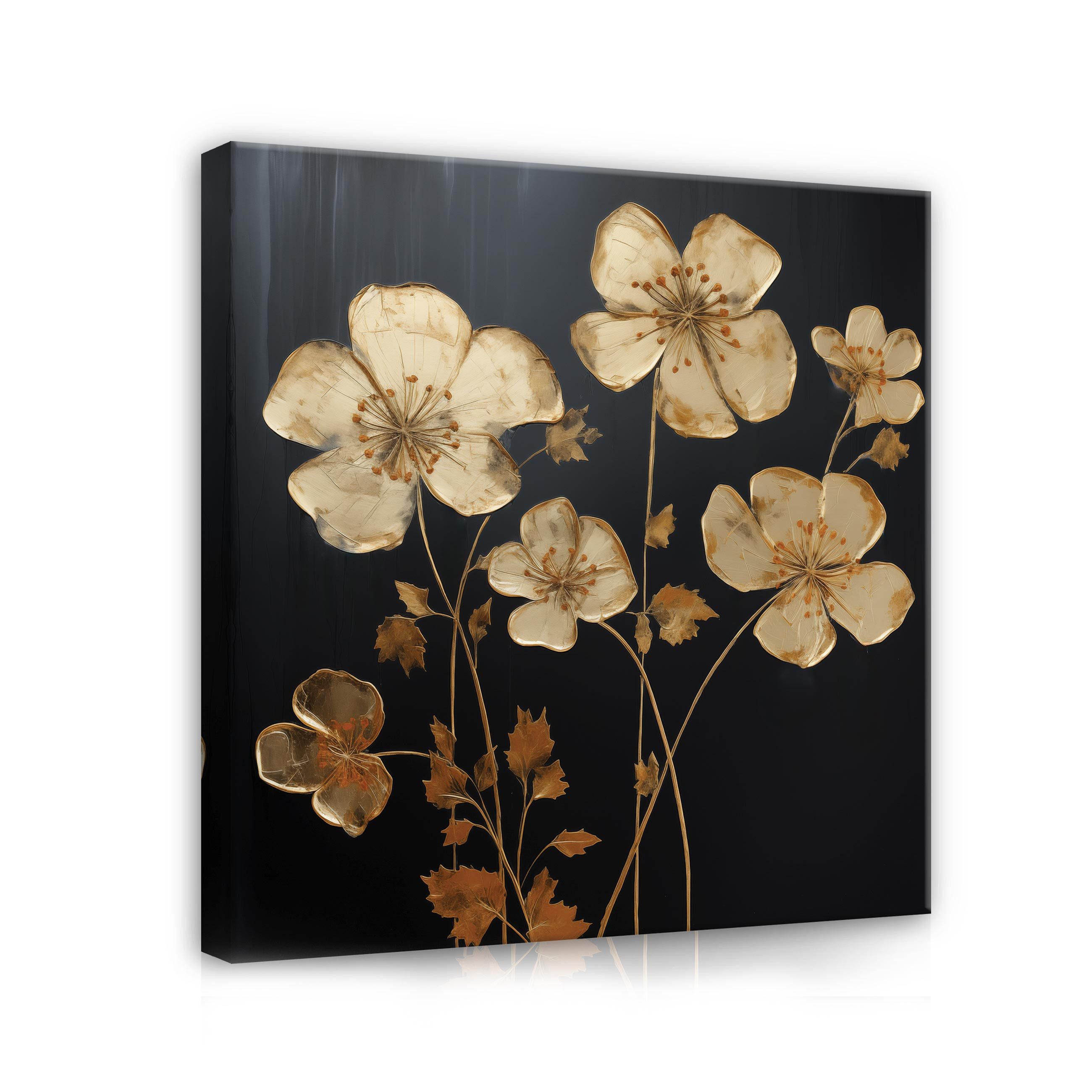 Leinwandbild Blumen Gold Schwarz Abstrakt Wandbild XXL Leinwandbilder Modern