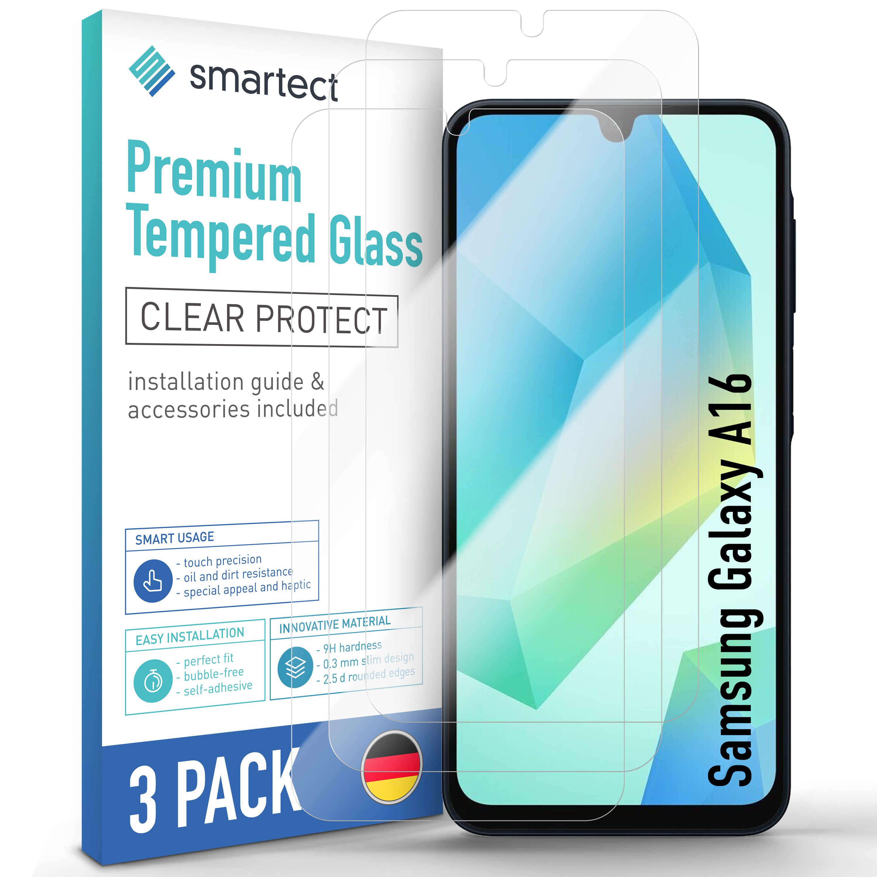 smartect Displayschutzglas 3X Schutzglas Panzerfolie Klar für Samsung Galaxy A17 5G / A16 für Samsung Galaxy A17 5G / A16, Set, 3 Stück, 0.3 mm Ultra-klar, 9H Härte, Kratzfest, Stoßfest, Blasenfrei, Oleophob