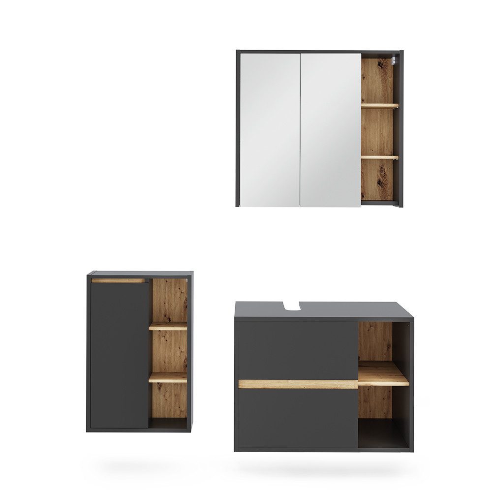 Vicco Badmöbel-Set Viola, Grau/Artisan, 3 Teile, günstig online kaufen