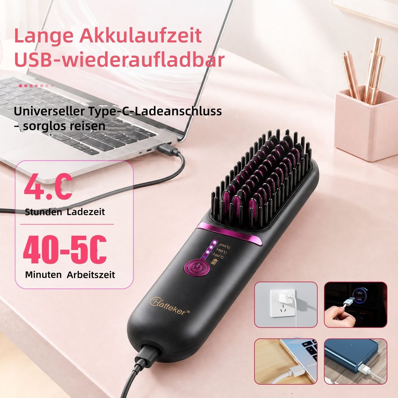 HATTEKER Elektrohaarbürste HT-151, Kabellose Glättbürste, 3 Temperaturstufen 160–200°C, USB-C