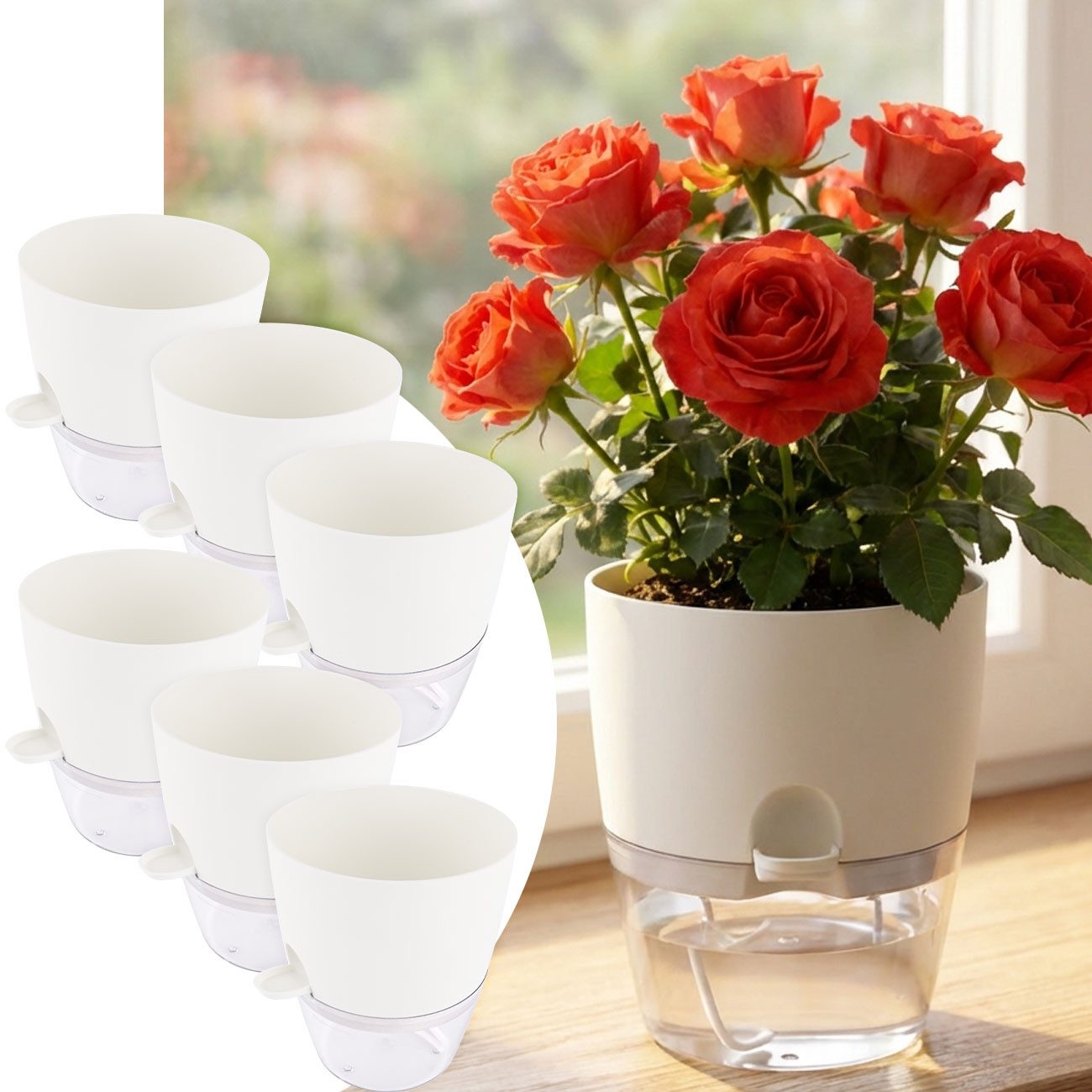 shop'n smile ideoon Blumentopf Blumentopf selbstbewässernd Ø18,5cm Pflanzgefäß mit Docht-System (6 St., 3er-Set & 6er-Set), 10-15 Tage Urlaubsschutz/transparentes Reservoir/ 18,5x15,5 cm