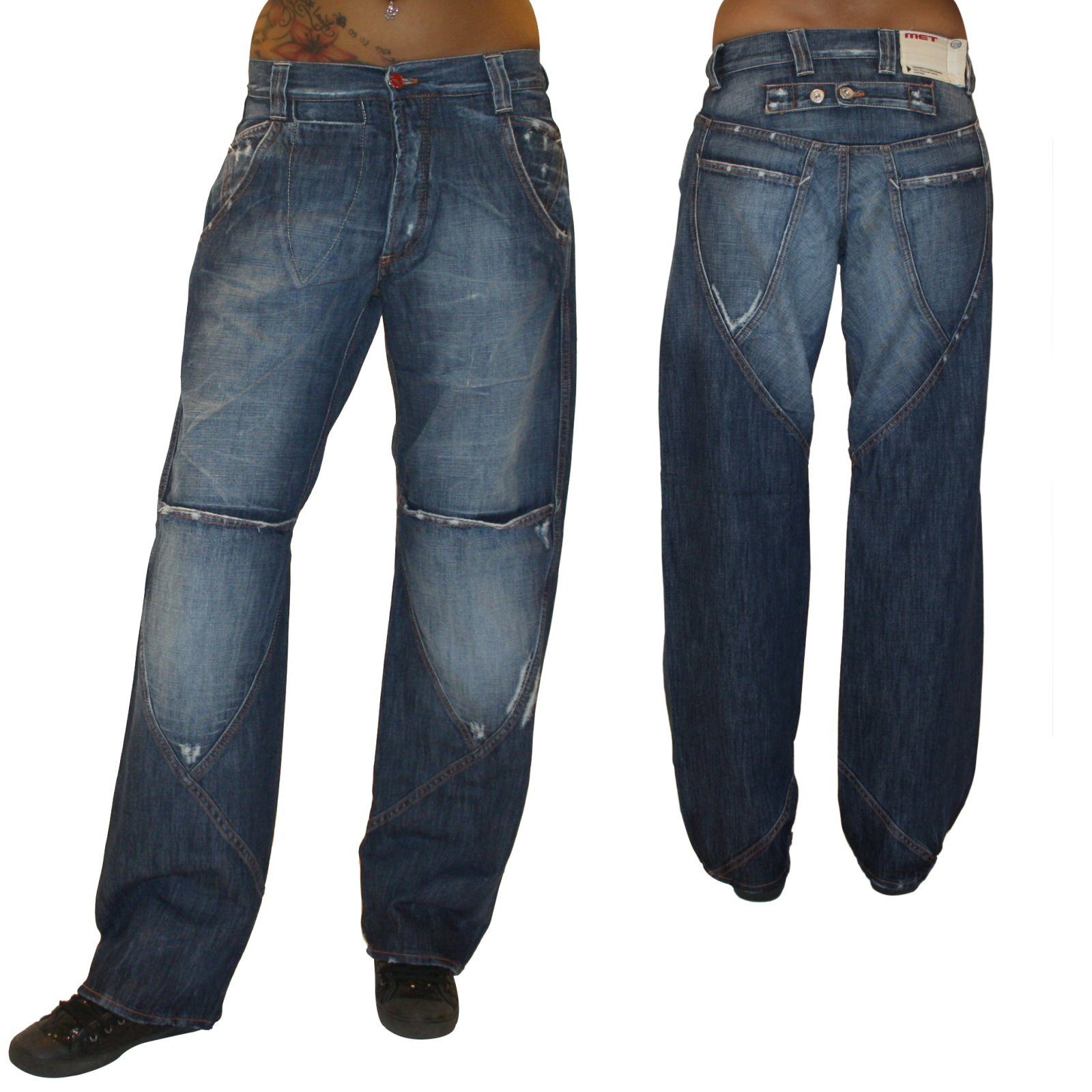 MET Jeans Boyfriend-Jeans Pantaloni Damen Jeans Jeanshose Baggy Hip Hop  Hose dunkelblau Used