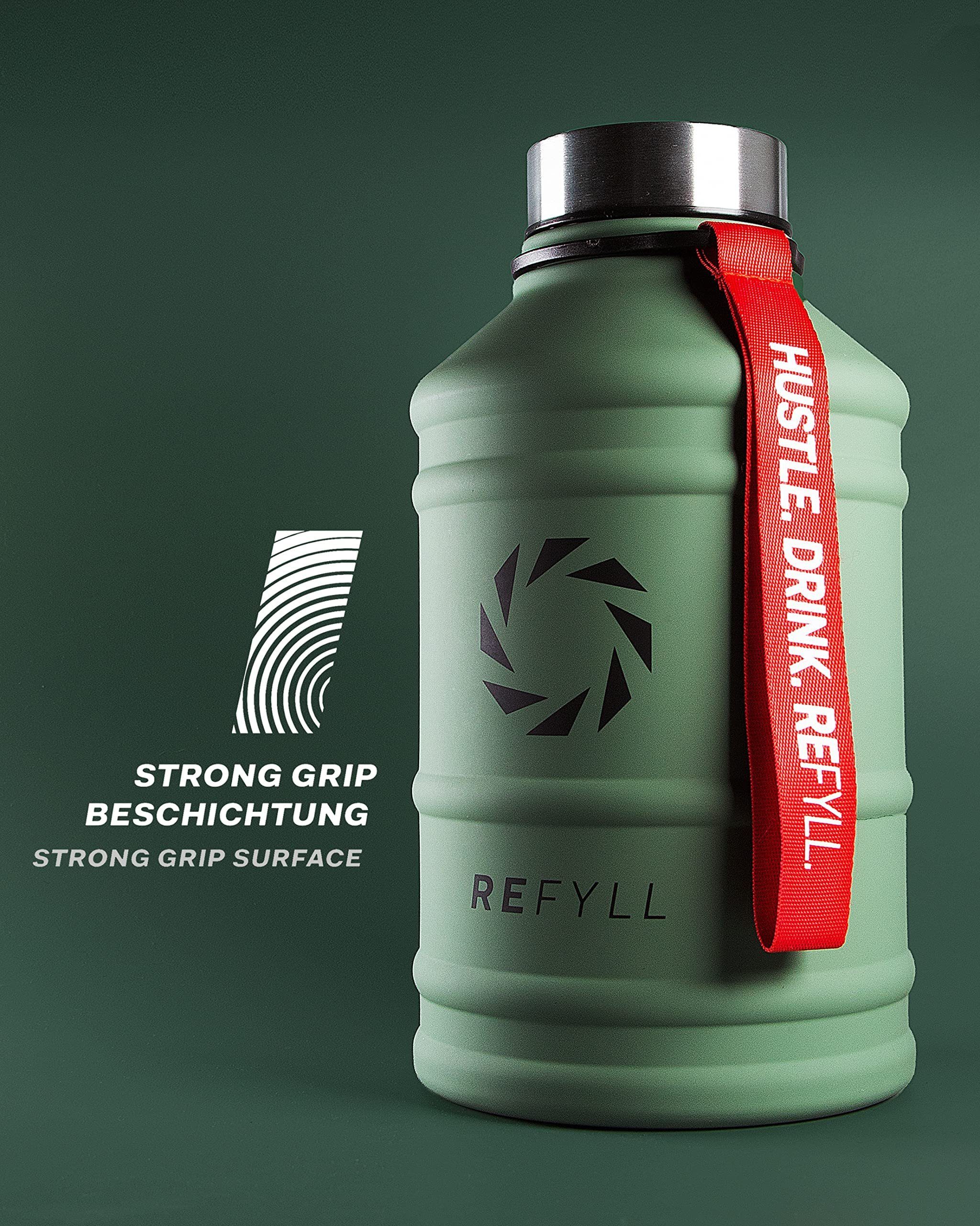 REFYLL Sport, robust, Fitness 2,2 L für Trinkflasche Trinkflasche Auslaufsicher, Gym, 1,3L Trinkflasche Jug Army Green auslaufsicher Edelstahl 2,2L, Water Hero und