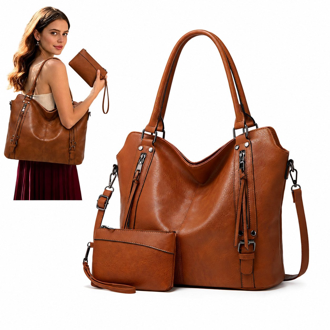 ibettertec Rucksack Damen Handtasche Groß Shopper Tasche mit Geldbörse, Schultertasche (aus Vegan Leder, 2-Tlg Set, Geräumige Umhängetasche für Büro Alltag)