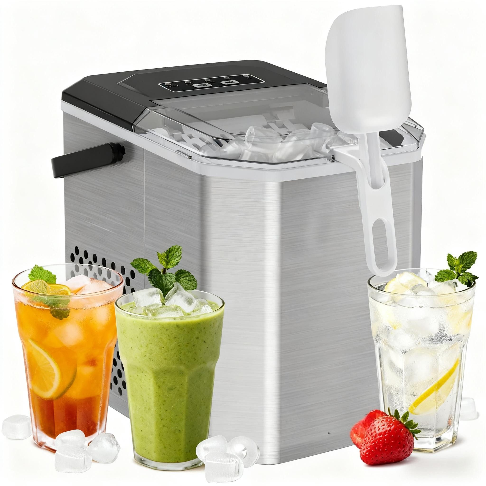 Silonn Eiswürfelmaschine - 9 Würfel in 6 Min, 12 kg/Tag, 2 Eisgrößen, Energiesparend, Tragbar, Selbstreinigend, ≤ 35 dB - Für Haushalt, Camping & Party