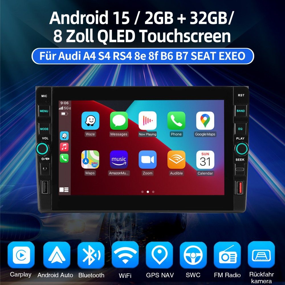 ESSGOO Für Audi A4 8E 8H B6 B7 2000-2009 Android 15 Bluetooth FM/AM Autoradio (RDS, Digitalradio (DAB), FM)