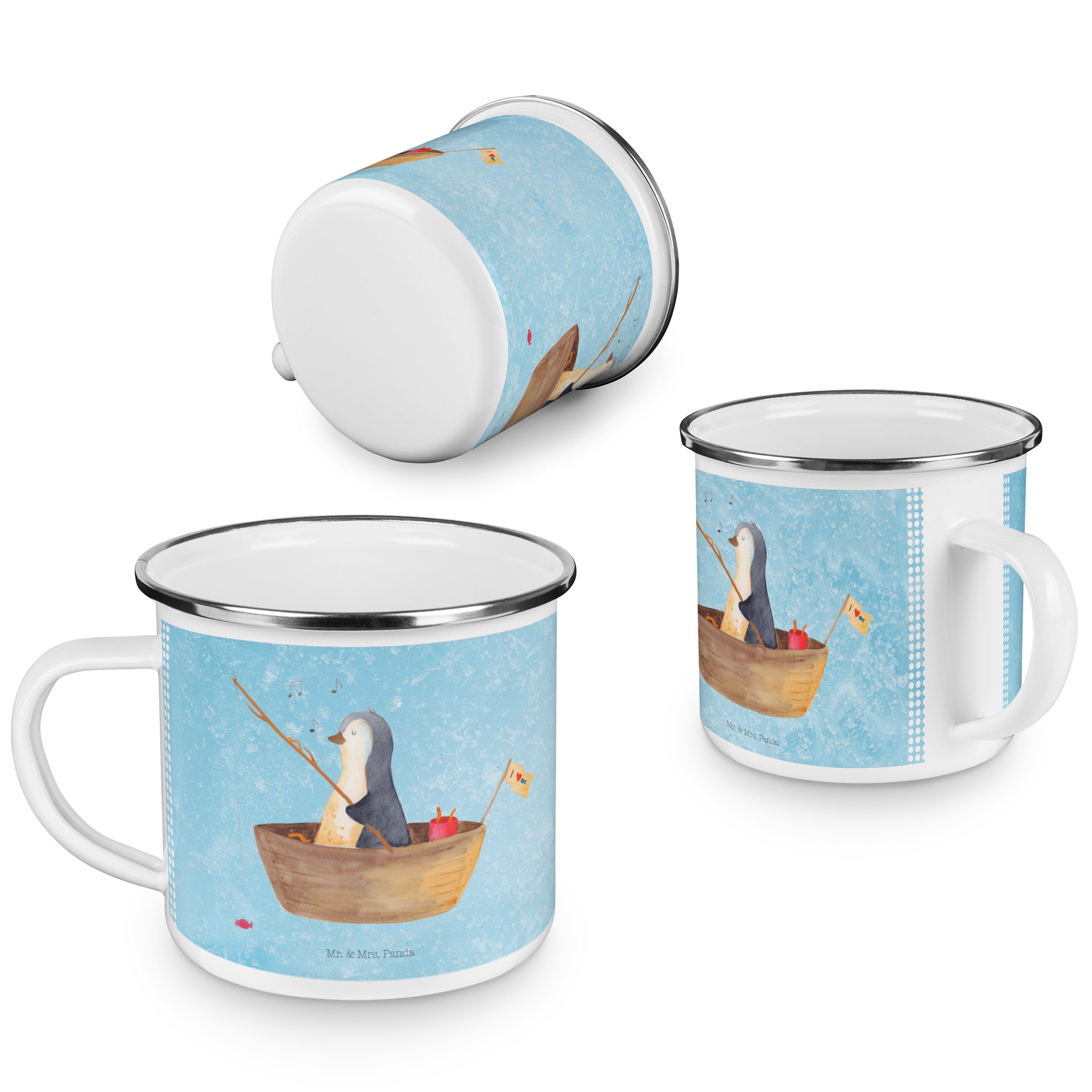 Mr. & Mrs. Panda Becher Pinguin Angelboot - Eisblau - Geschenk, Angeln, Metalltasse, genießen, Emaille