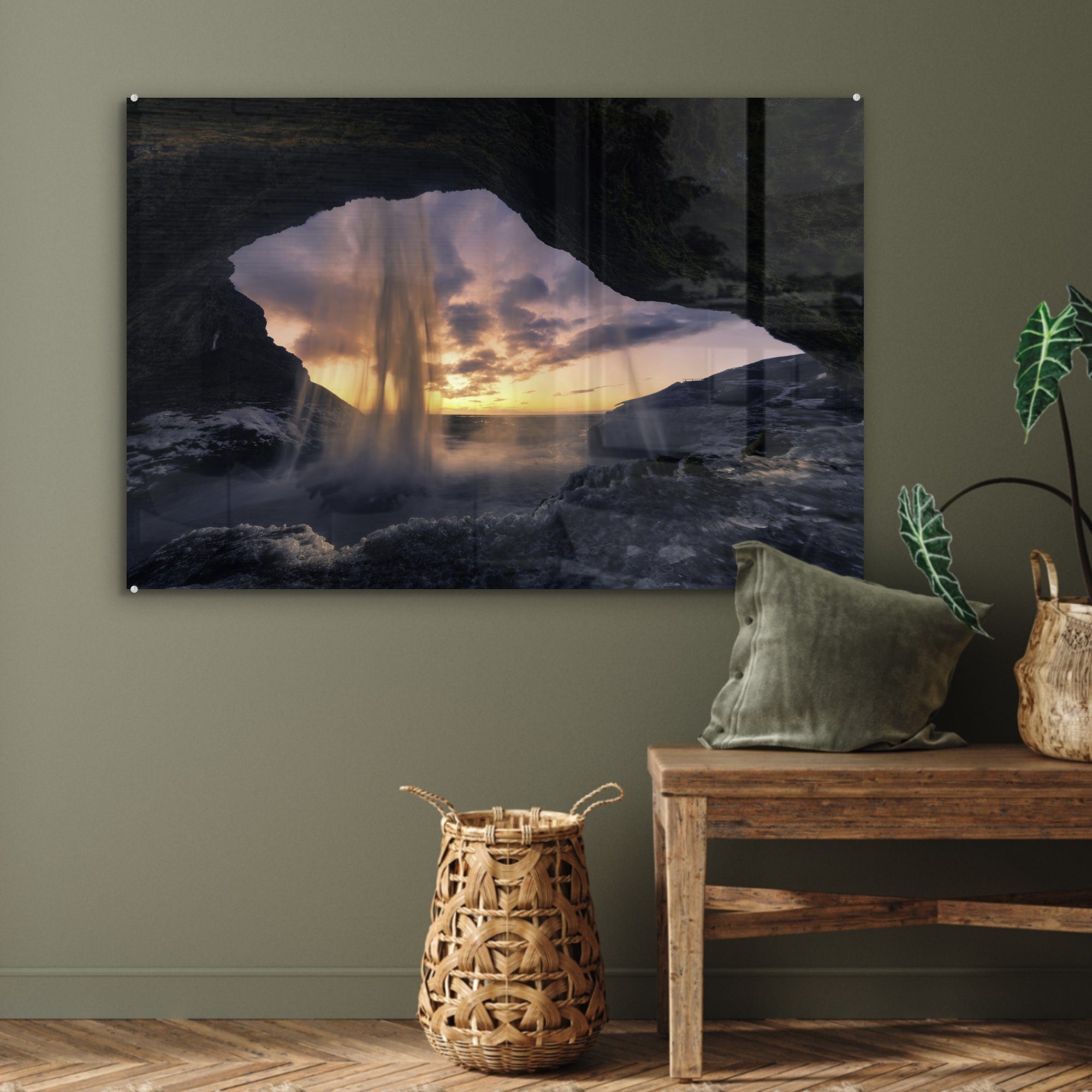 Acrylglasbilder Acrylglasbild & Himmel St), MuchoWow Wasserfall Höhle, - Schlafzimmer - (1 Wohnzimmer