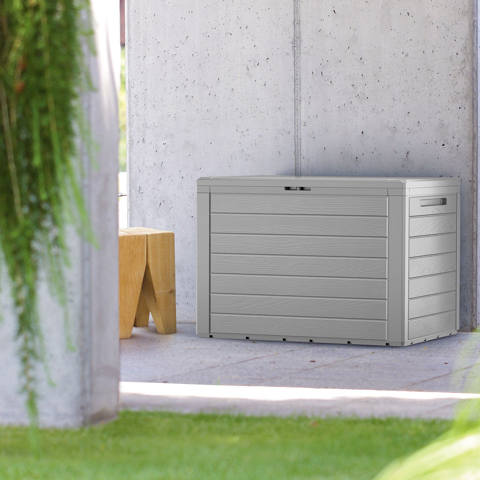 Casaria Auflagenbox Lille (1 St), Balkonbox Holzoptik Stecksystem Griffmulden Abschließvorrichtung Grau