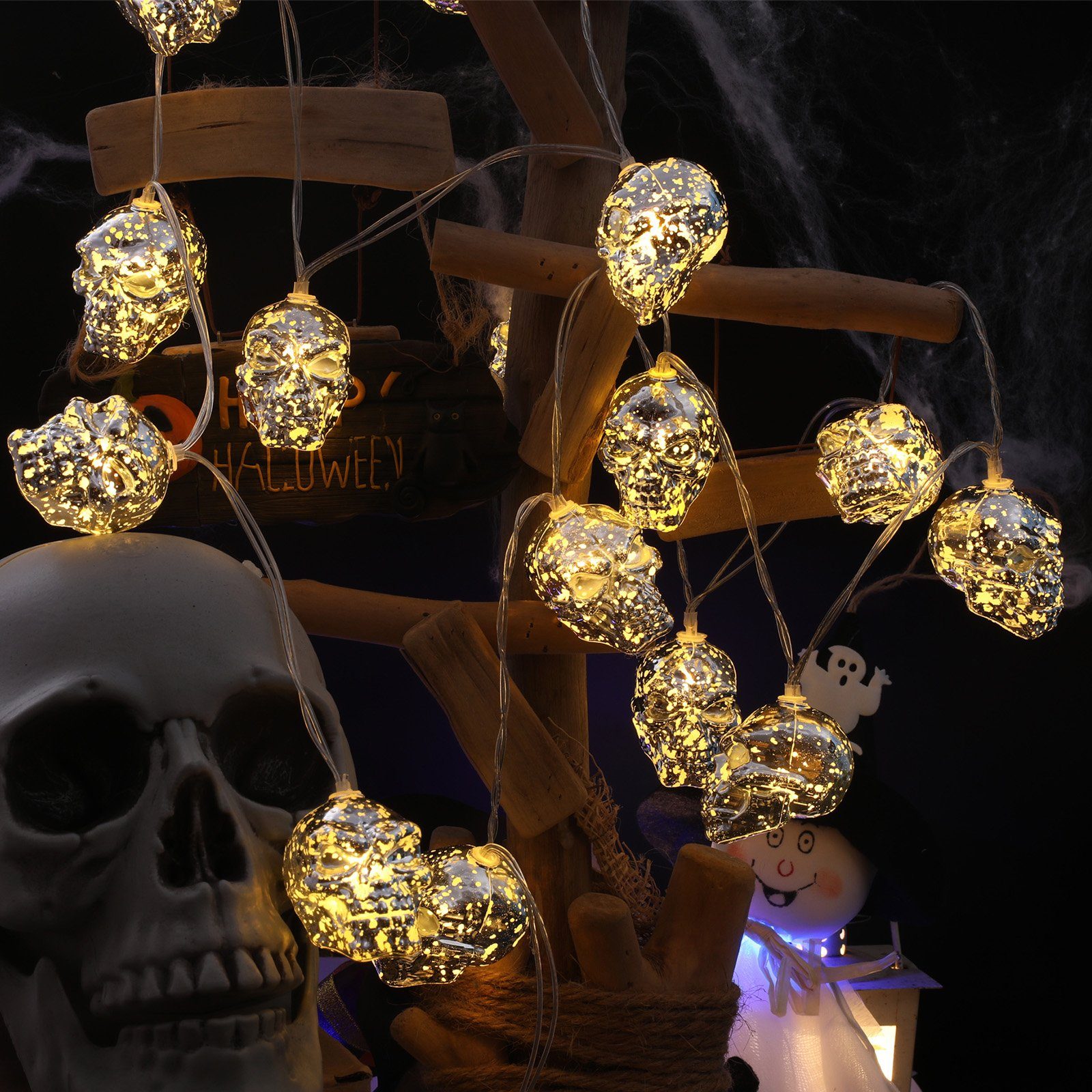 Sunicol LED Dekolicht Halloween Golden Skull Fairy Lights, wasserdicht, batteriebetrieben, Warmweiß, Fernbedienung, wasserdicht