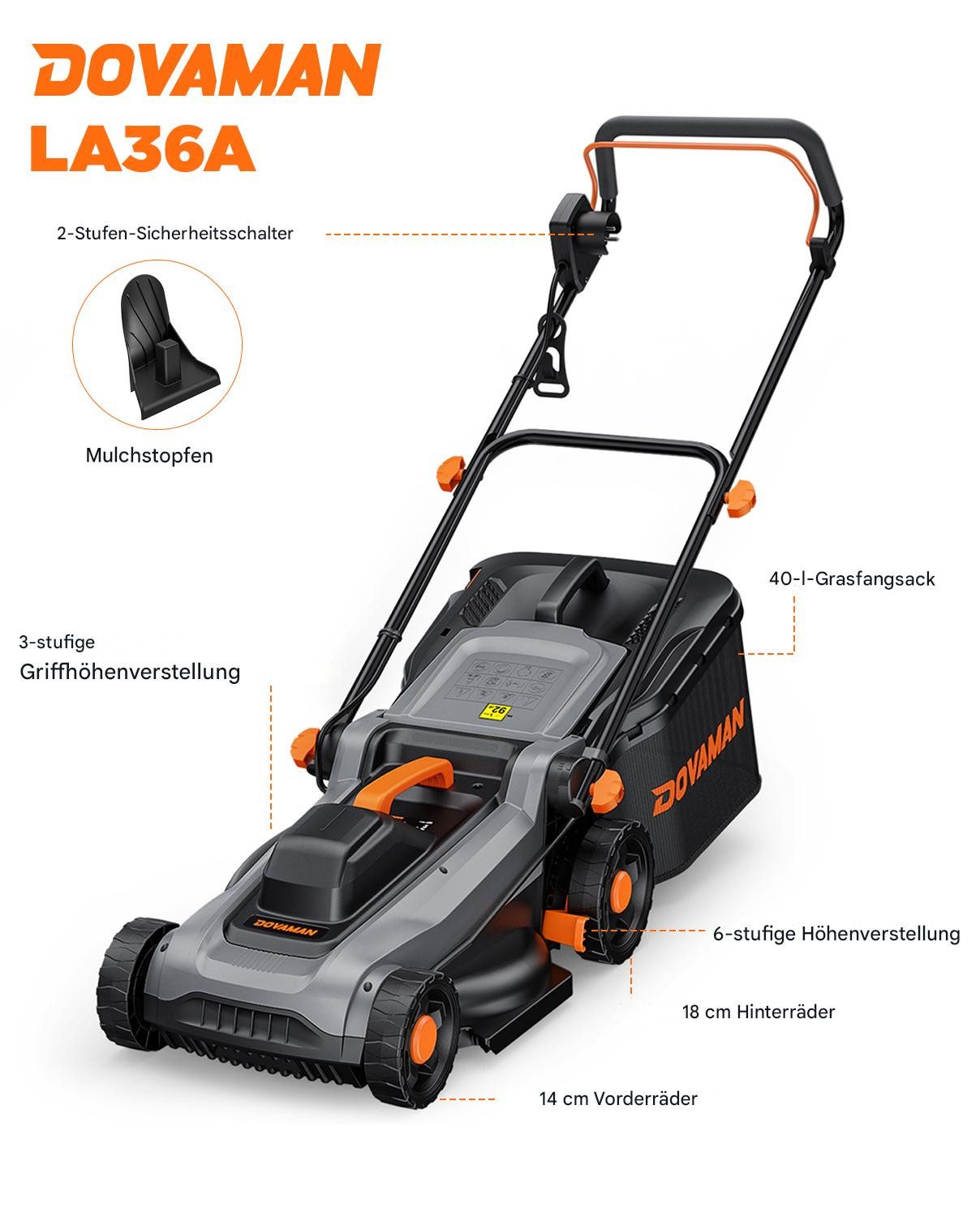 DOVAMAN Elektrorasenmäher 1500W, 36 cm Schnittbreite, 6-fach Höhe, 36 cm Schnittbreite, 40L Fangkorb, klappbarer Griff