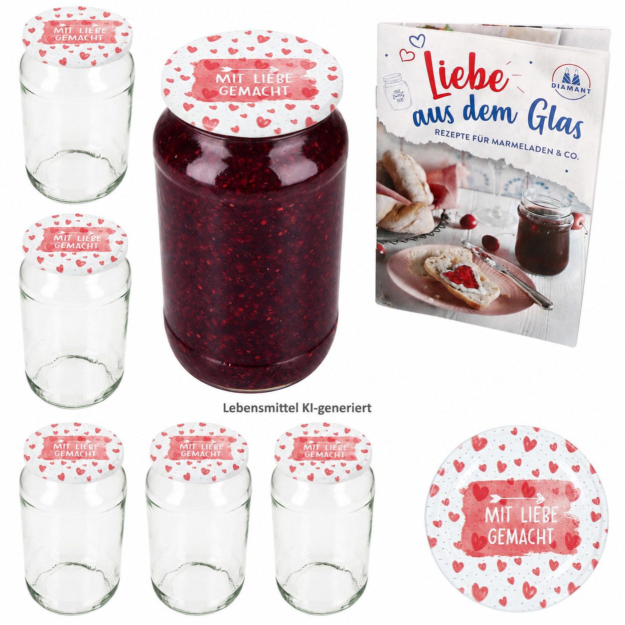 MamboCat Einmachglas Sturzglas Mit Liebe gemacht 6er Set mit Deckel und Rezeptheft, Glas