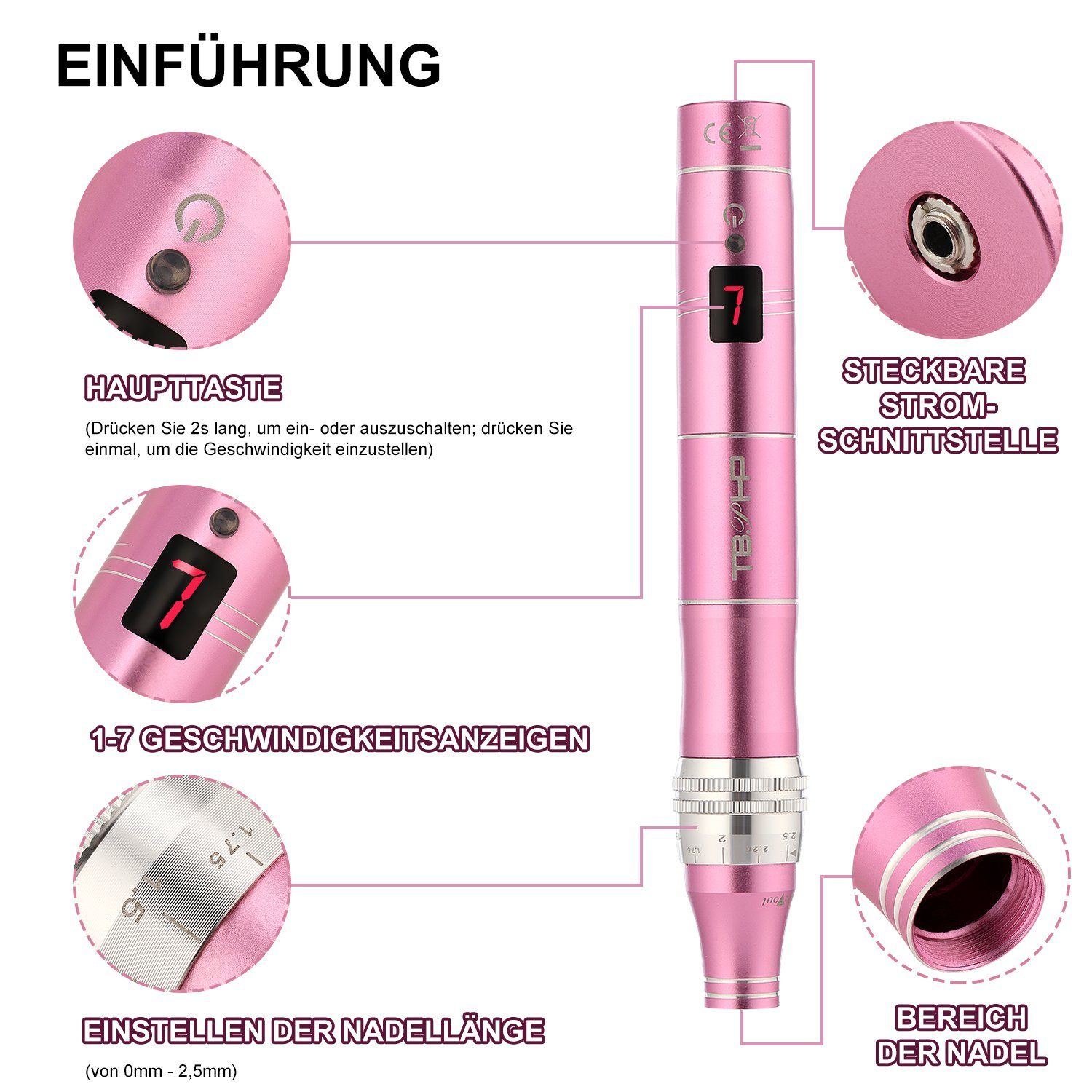 Elektrischer inkl. mit Haut Stift Derma Pen Microneedle Aufladbares Therapiegerät LCD-Bildschirm 0-2,5mm, Dermaroller 7 Derma LOVONLIVE Stufen Nadelköpfe 12