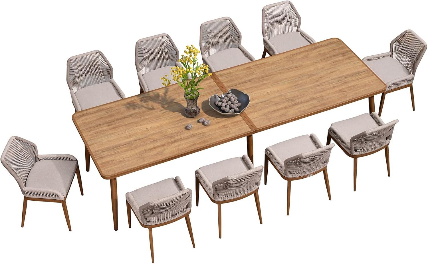 PURPLE LEAF Garten-Essgruppe Gartenmöbel Rattan Teakoptik Aluminium mit Kissen, Landhausstil, (Set), mit Kissen und Rückenlehne