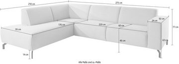 Places of Style Ecksofa Lorcan, 275 cm, Ottomane, mit schwarzen Metallfüßen, Lederoptik und in weichem Strukturstoff