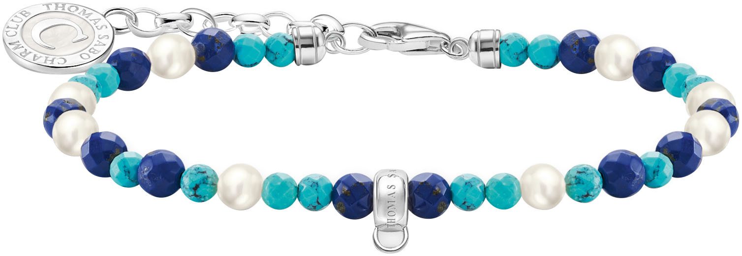 THOMAS SABO Charm-Armband mit weißen Perlen und blauen Beads, A2141-158-7-L19v, mit Lapislazuli, Türkis-Imitat - mit Süßwasserzuchtperle