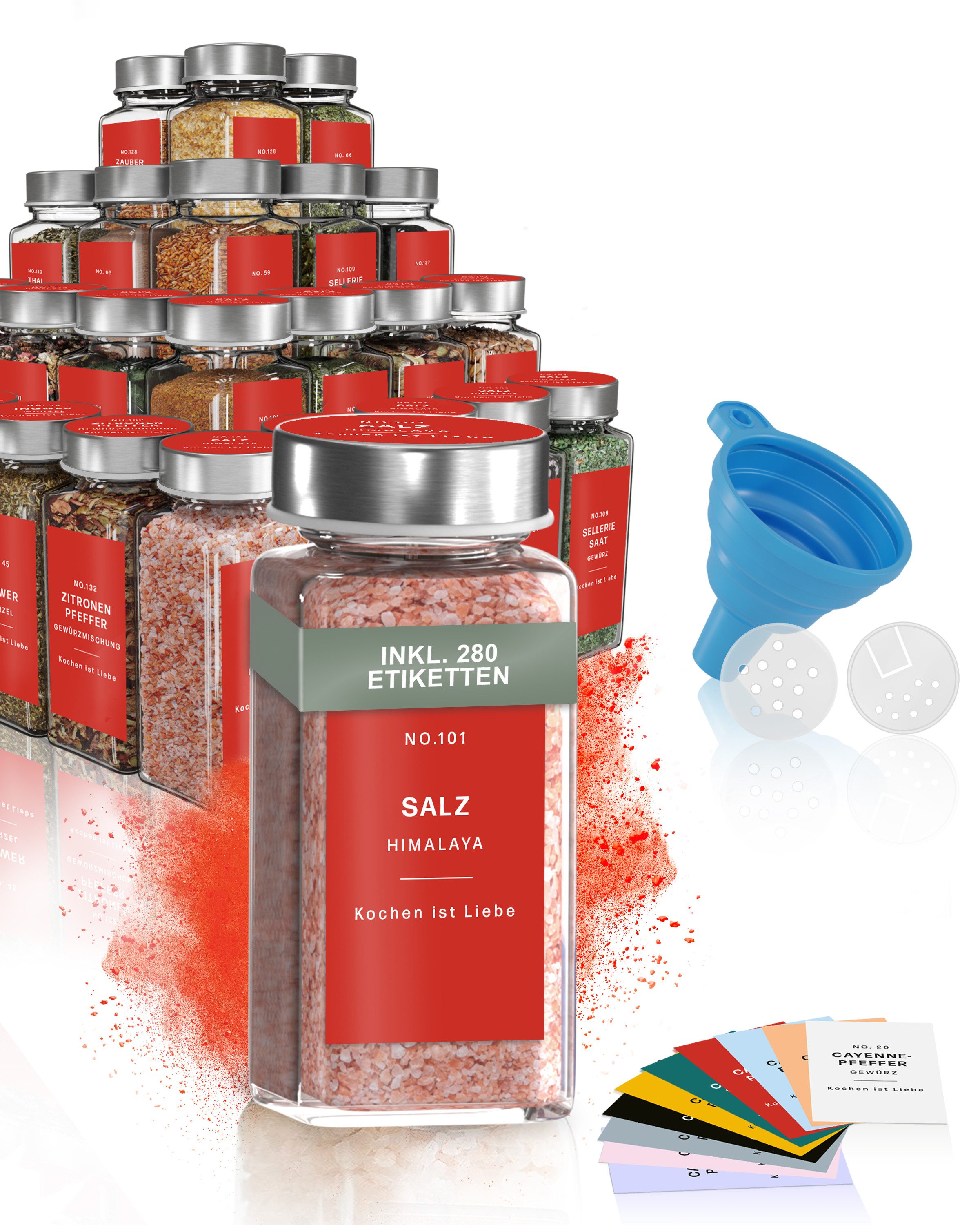MS.EMMA, Vorratsglas Gewürzstreuer, (24, Gewürzgläser mit Streueinsätzen und Trichter), Etiketten in 10 Farben erhältlich