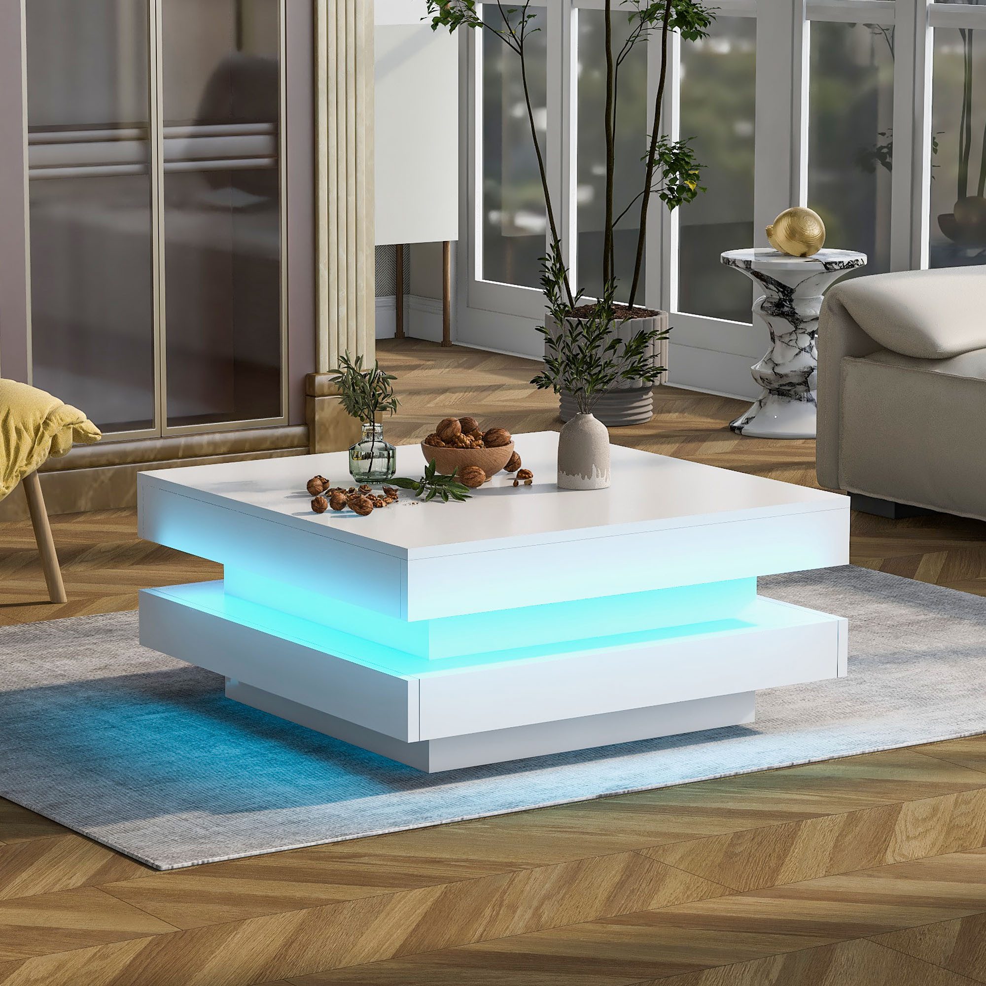 OKWISH Couchtisch Beistelltisch 70x70x36 cm mit drehbarer Platte und LED-Beleuchtung (Packung, 1-St., Weißer quadratischer Hochglanz-Couchtisch), Moderner Techno, 360-Grad-Drehtisch