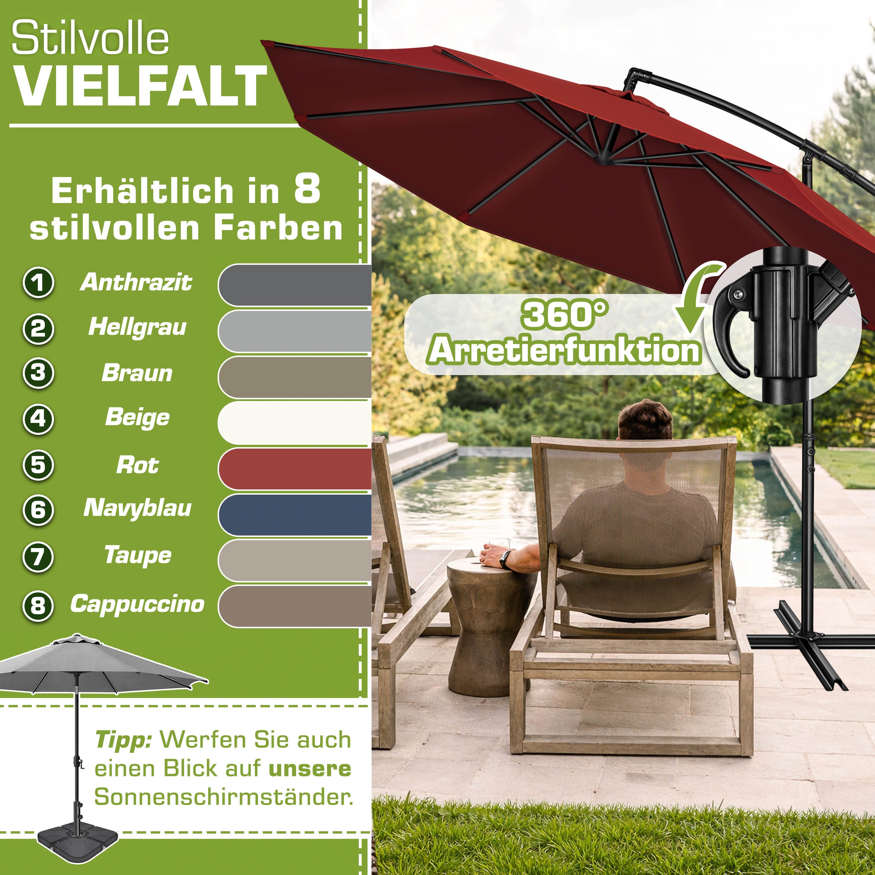 tillvex Sonnenschirm 300-350 cm Kurbel Ampelschirm mit Ständer, Abdeckung & Windsicherung, Gartenschirm UV-Schutz Aluminium – Bild 5 von 5