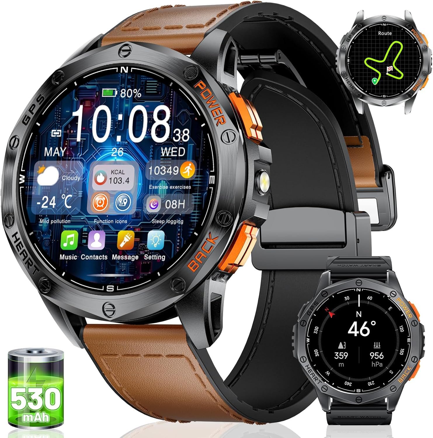 Lige GPS Handgelenkgerät; mit Telefonfunktion und AMOLED Anzeige Smartwatch (3.6 cm/1,4 Zoll, Android iOS), Integrierte Navigation mit Anrufannahme, Gesundheitsmonitor und IP68