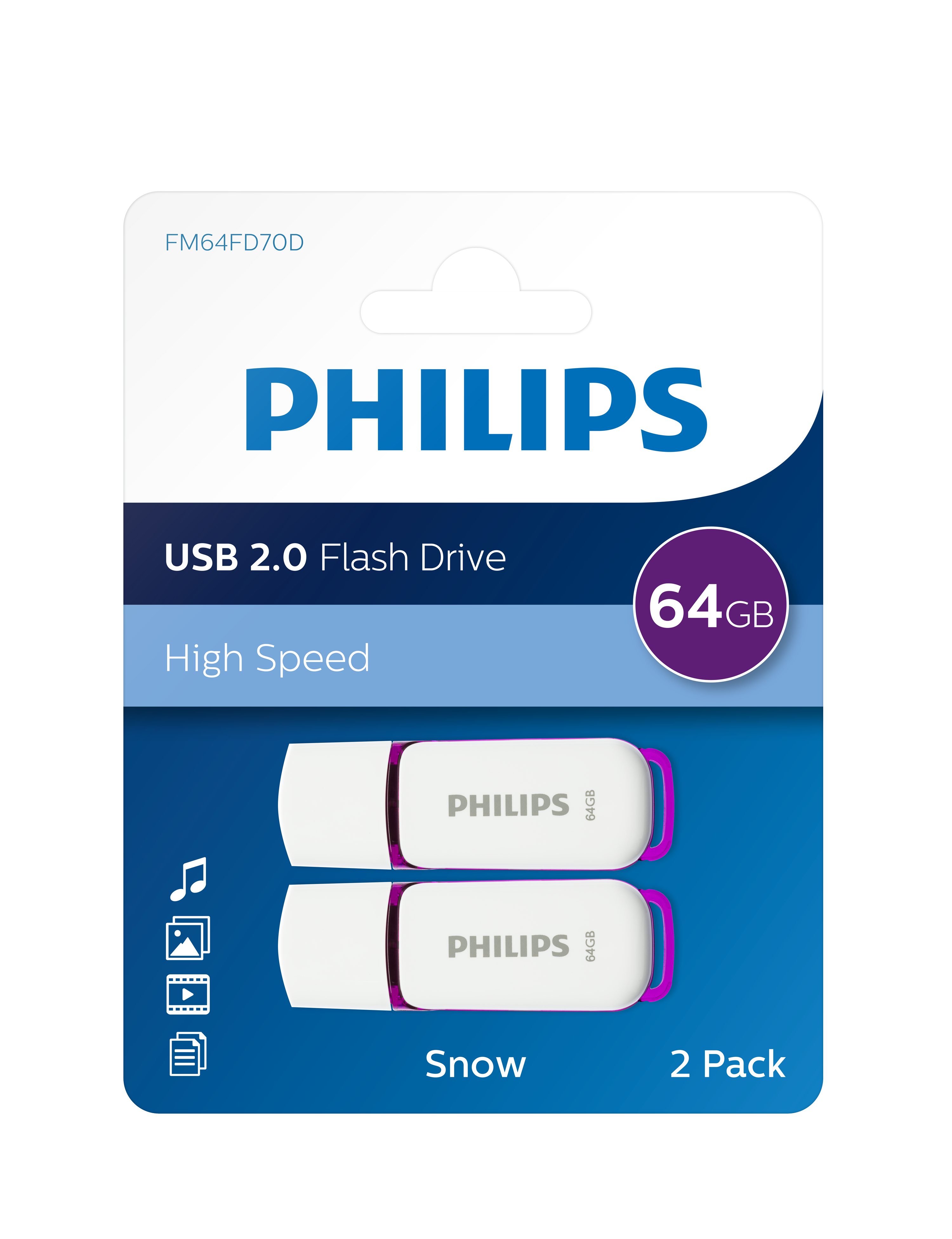 Philips FM64FD70D/00 USB-Stick (USB 2.0, Lesegeschwindigkeit 25,00 MB/s, Snow Edition Magic Purple®, 64GB, USB2.0, 2er Pack)