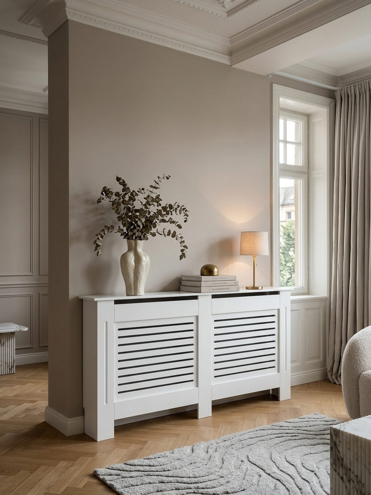 KADIMA DESIGN Heizungsverkleidung Heizkörperabdeckung mit Lamellenmuster, Raumaufwertung & Eleganz, MDF – Bild 3 von 5