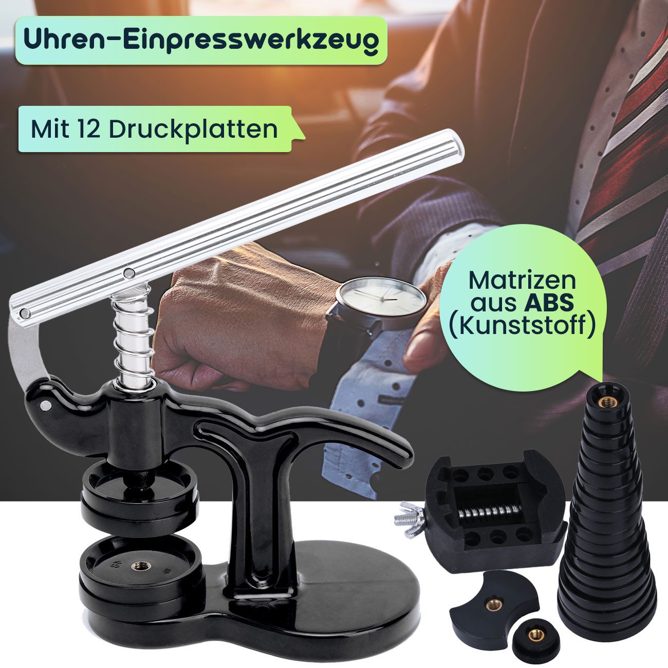 Casativo Reparatur-Set 17tlg Profi Uhren Einpresswerkzeug Reparatur Set für Batteriewechsel, 17-St., 1er-Set, für gängige Armbanduhren und Uhrdeckel/12 Matrizen ABS/Gehäusehalter