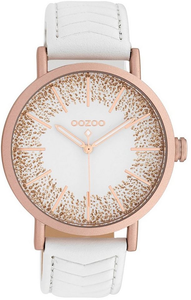 OOZOO Quarzuhr Oozoo Damen Armband-Uhr, Damenuhr rund, groß (ca. 42mm),  Lederarmband weiß, Fashion