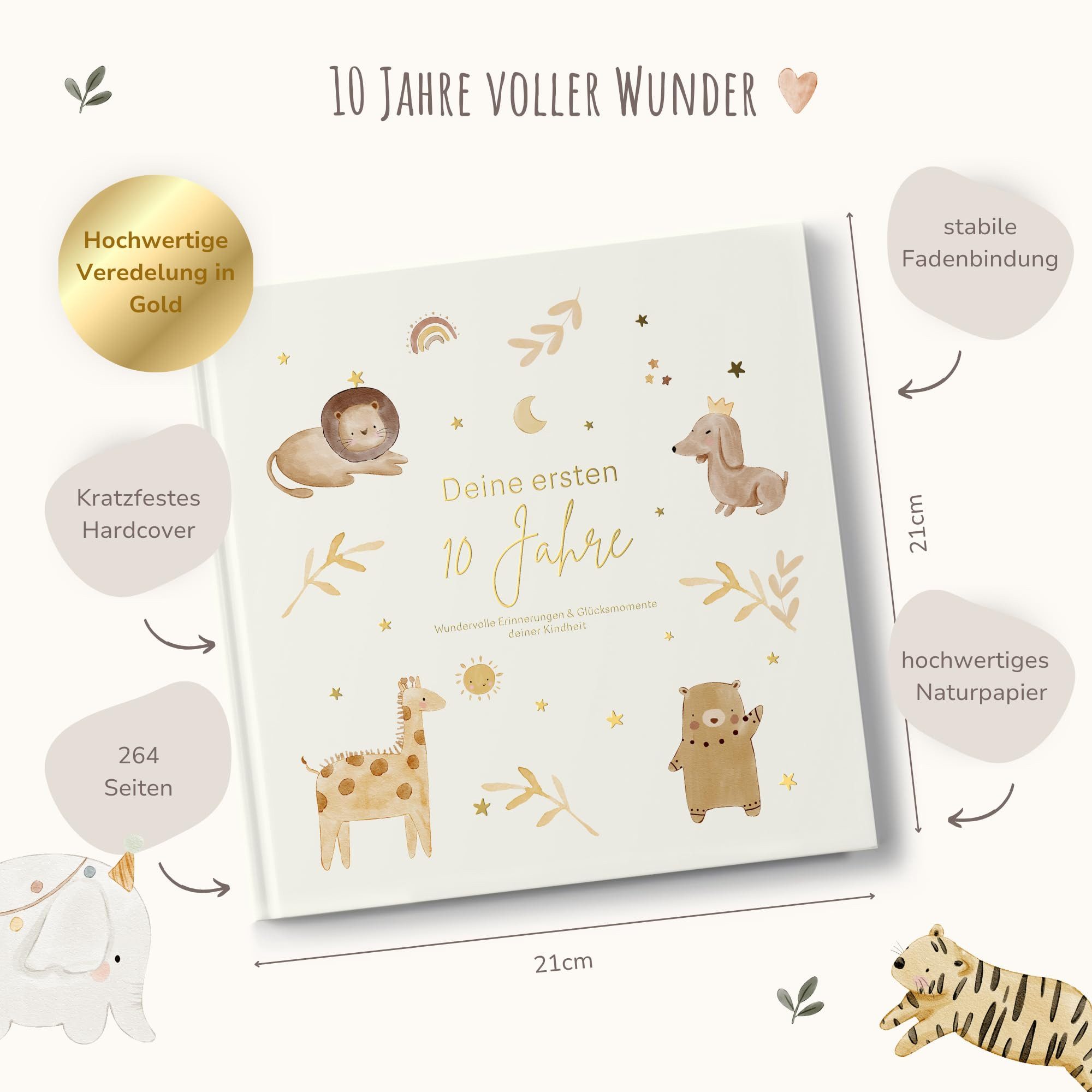 MeinBaby123® Tagebuch Deine ersten 10 Jahre Erinnerungsbuch Kindheit, Erinnerungsalbum, vergoldet, Geschenke zur Kinder Album Erinnerungsbuch