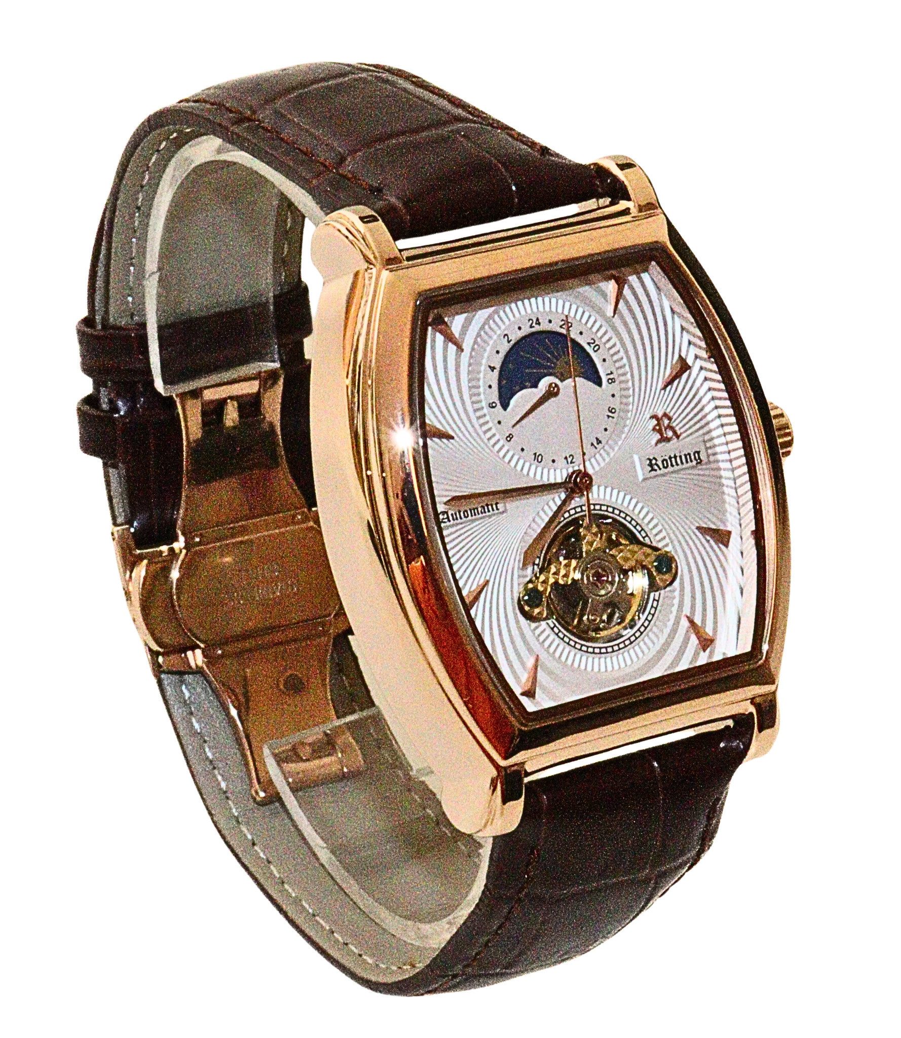 Rötting Design Automatikuhr Herrenuhr Edelstahl Lederarmband, (Butterfly Verschluß), goldrosefarbenes Gehäuse, mehrere Ziffernblattfarben zur Auswahl