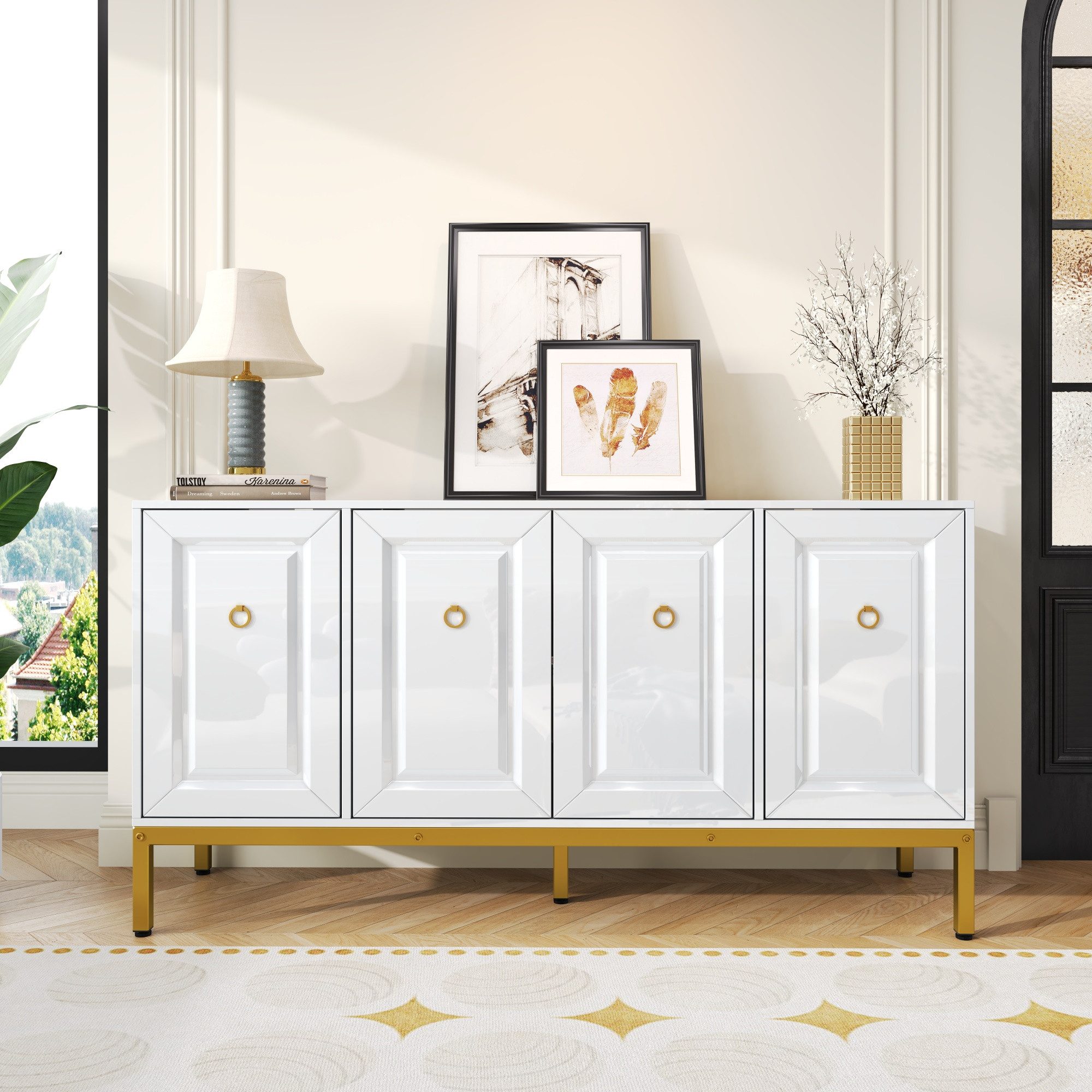 KLAM HOME Sideboard Sideboard, Hochglanz-Aufbewahrungselement, 140×80×40cm (Anrichte Kommode mit 4 Türen & verstellbare Einlegeböden), goldene Griffe und Beine, mit Regalen