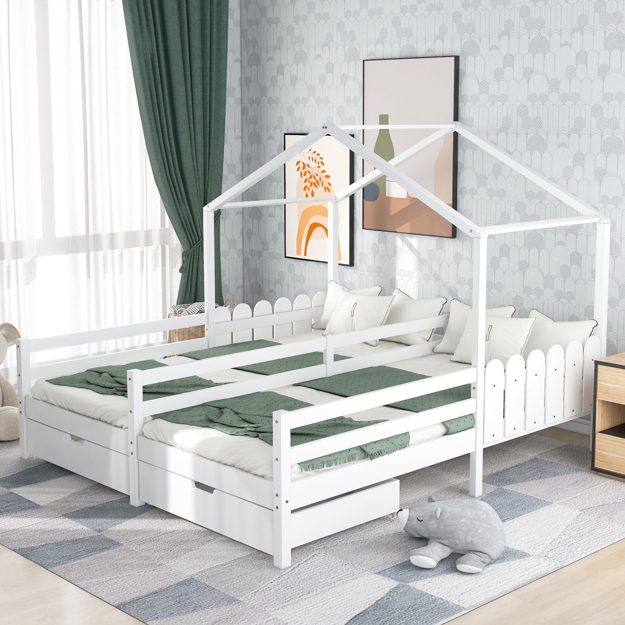 Merax Hausbett, 90x200 cm mit zwei Liegefläche und Schubladen, Hausbett mit  Rausfallschutz und Lattenrost, Doppelbett, Jugendbett, für zwei Kinder