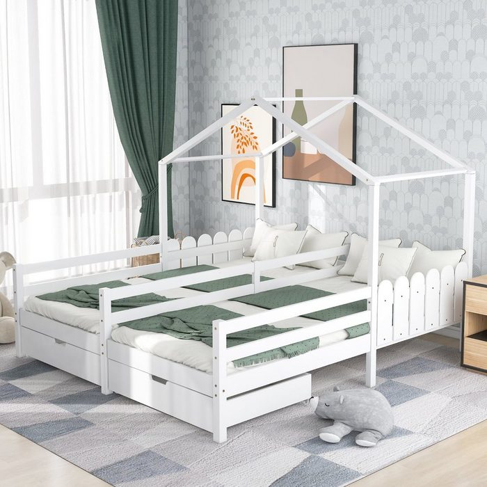 Merax Hausbett 90x200 cm mit zwei Liegefläche und Schubladen Hausbett mit Rausfallschutz und Lattenrost Doppelbett Jugendbett für zwei Kinder