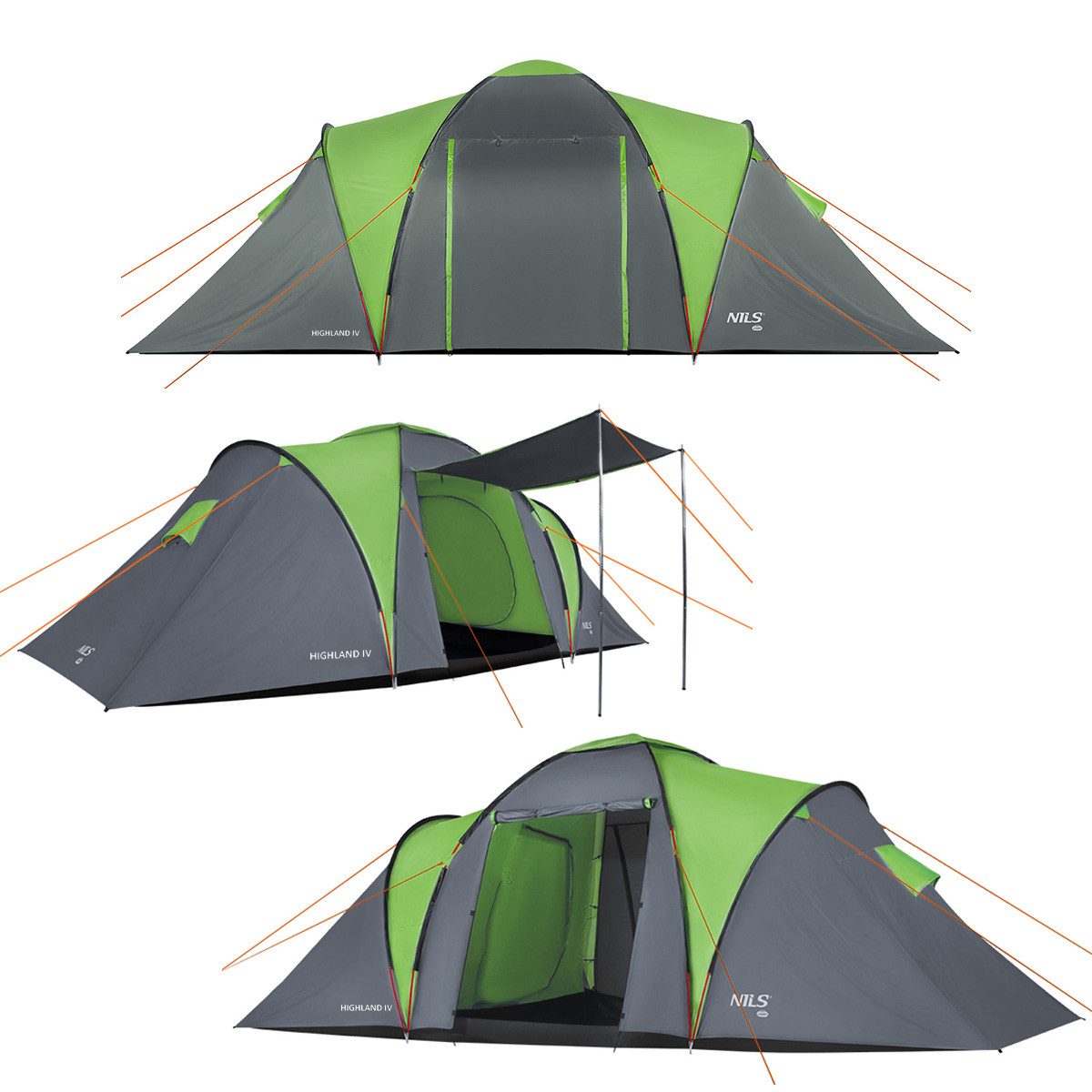 NILS CAMP Kuppelzelt Campingzelt großes Zelt "Highland IV" Grau/Grün, Personen: 4