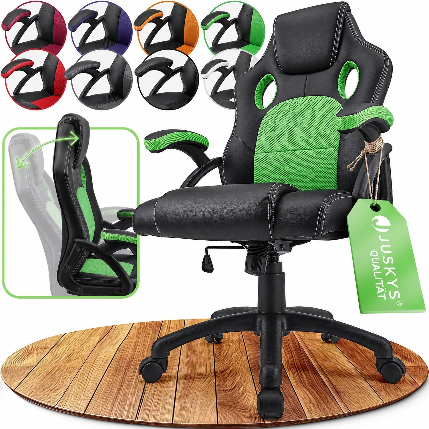 Juskys Gaming-Stuhl Montreal, Ergonomisch geformte Sitzfläche, Rückenlehne und Sitzfläche kippbar