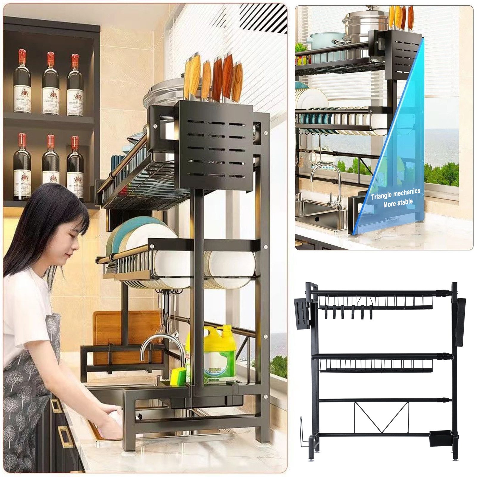 Rutaqian Geschirrständer Abtropfgestell für die Spüle, 2 Ebenen verstellbare Länge (60–100 cm), Küchentheke Lagerregal für Teller Schalentöpfe Abtropfgestell