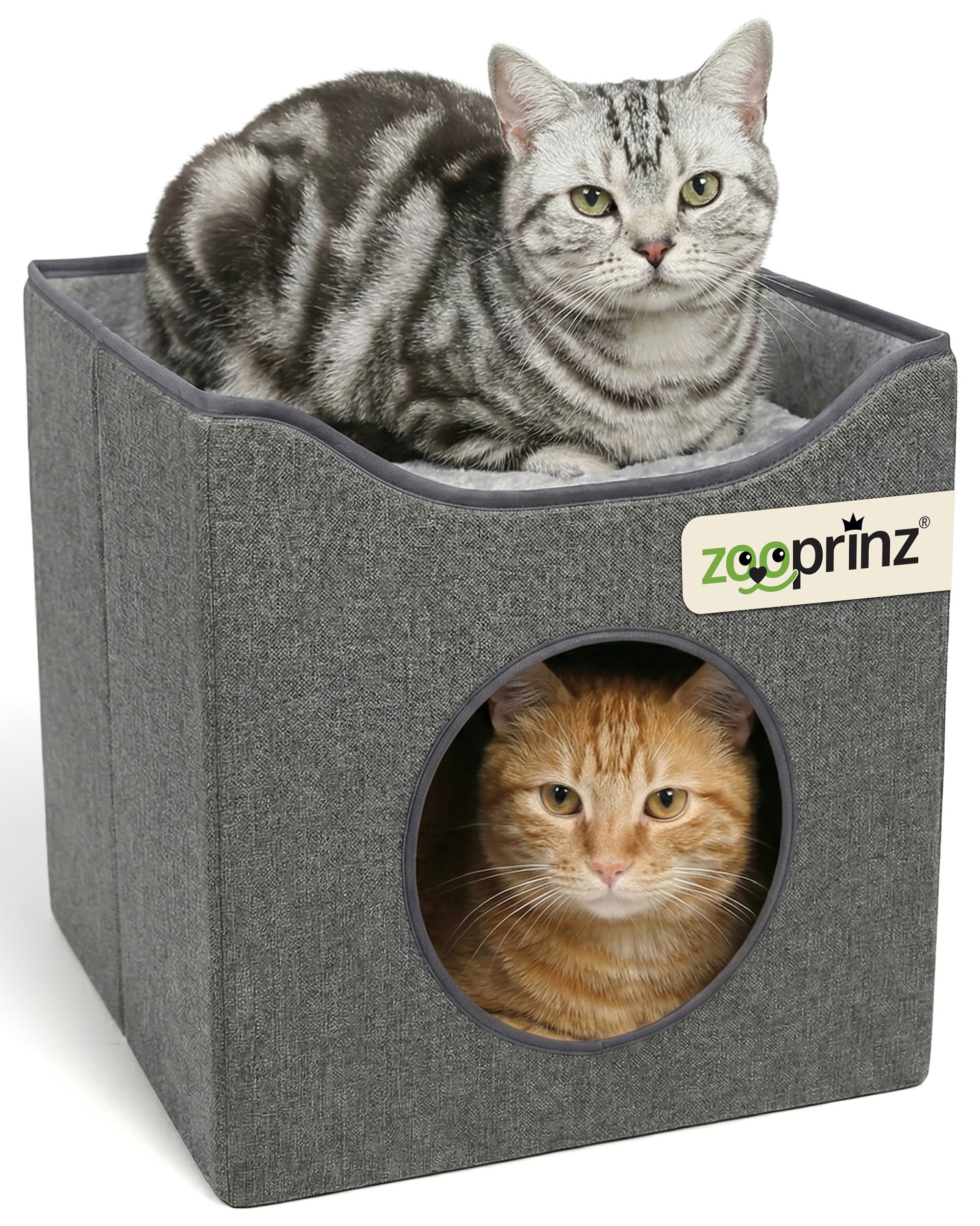 Zooprinz Katzenhaus Katzenhöhle Leo mit Wendekissen, faltbar, 3mm MDF, 36 × 36 × 35 cm, Anti-Rutsch-Boden, Leinenstoff, Grau
