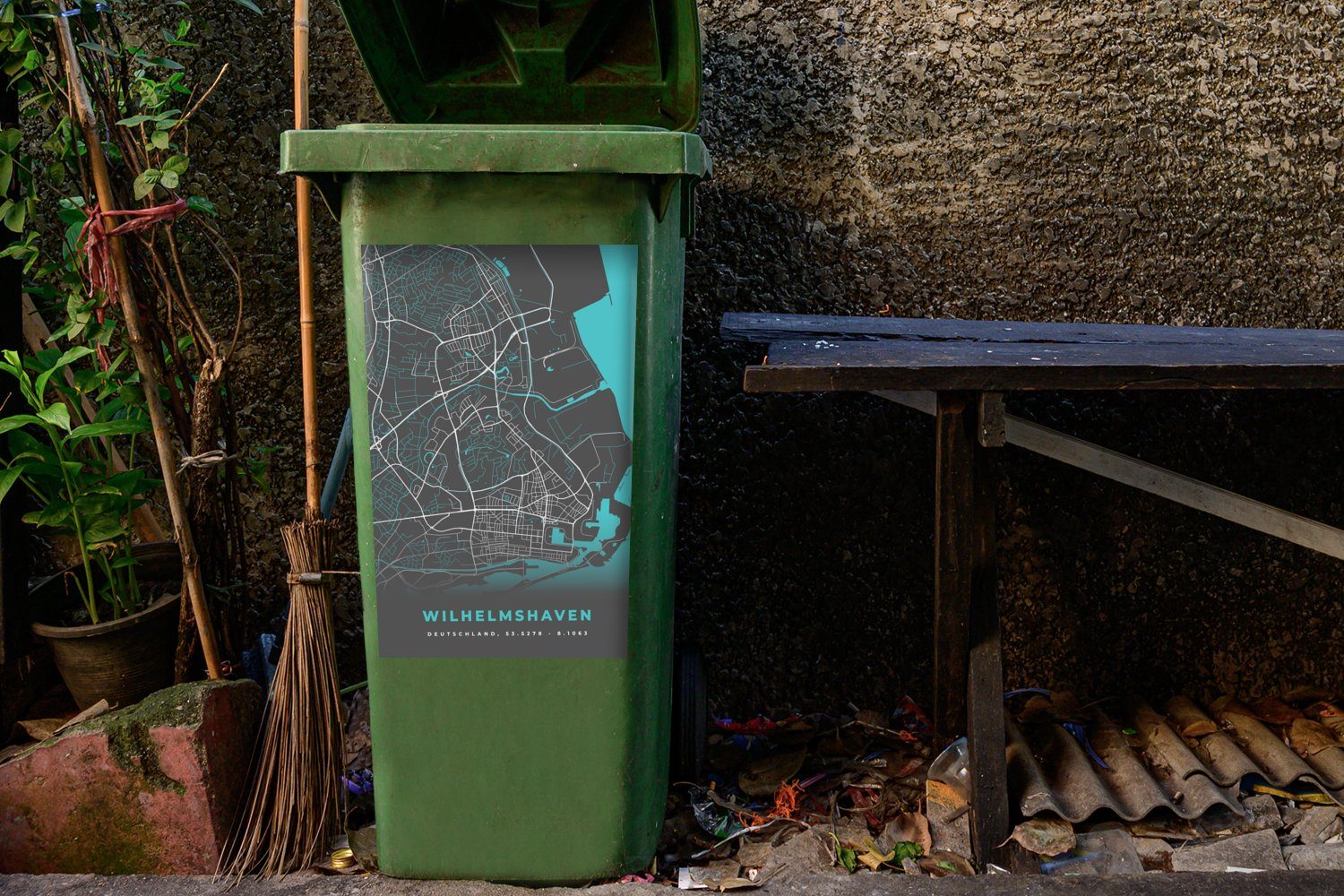 - Sticker, St), Wilhelmshaven - MuchoWow (1 Blau Mülltonne, Karte Stadtplan Mülleimer-aufkleber, Abfalbehälter - Container, Deutschland Wandsticker -