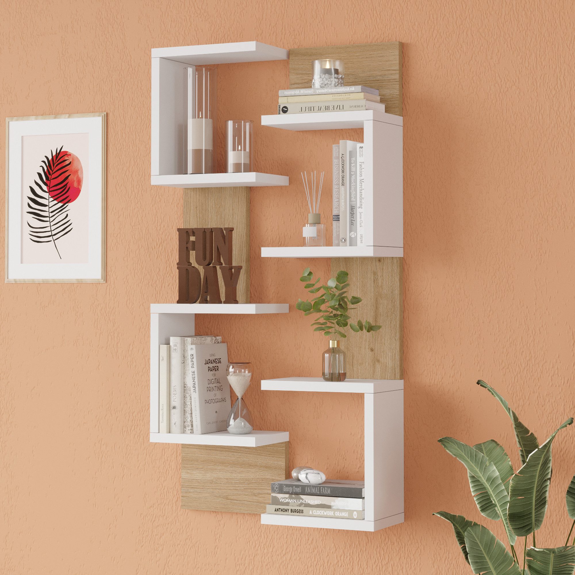 en.casa Wandregal, 2-er Set, »Omn« 93 x 24 x 15 cm Weiß / Holzoptik