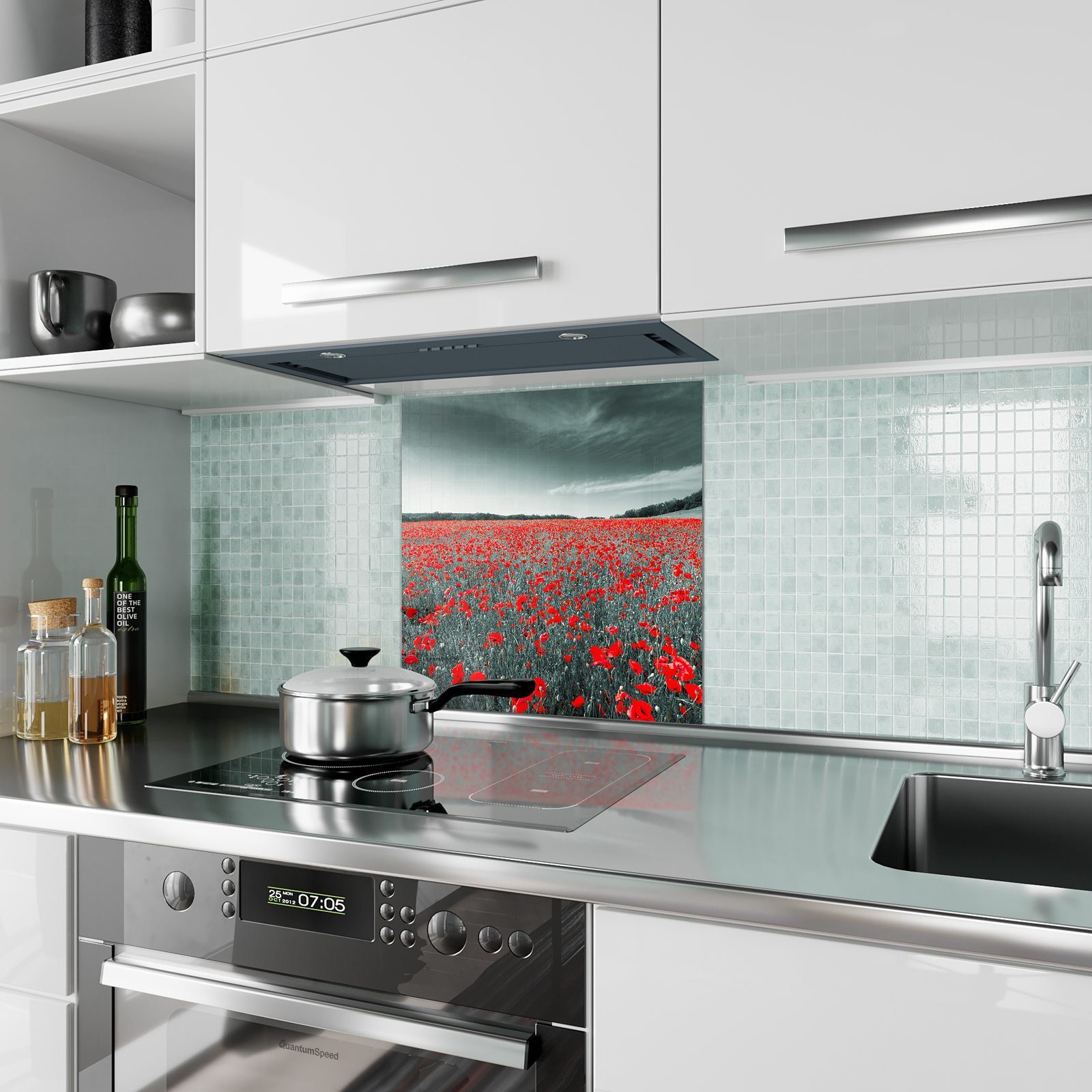 Primedeco Küchenrückwand Spritzschutz mit Rotem Wiese Glas Mohn
