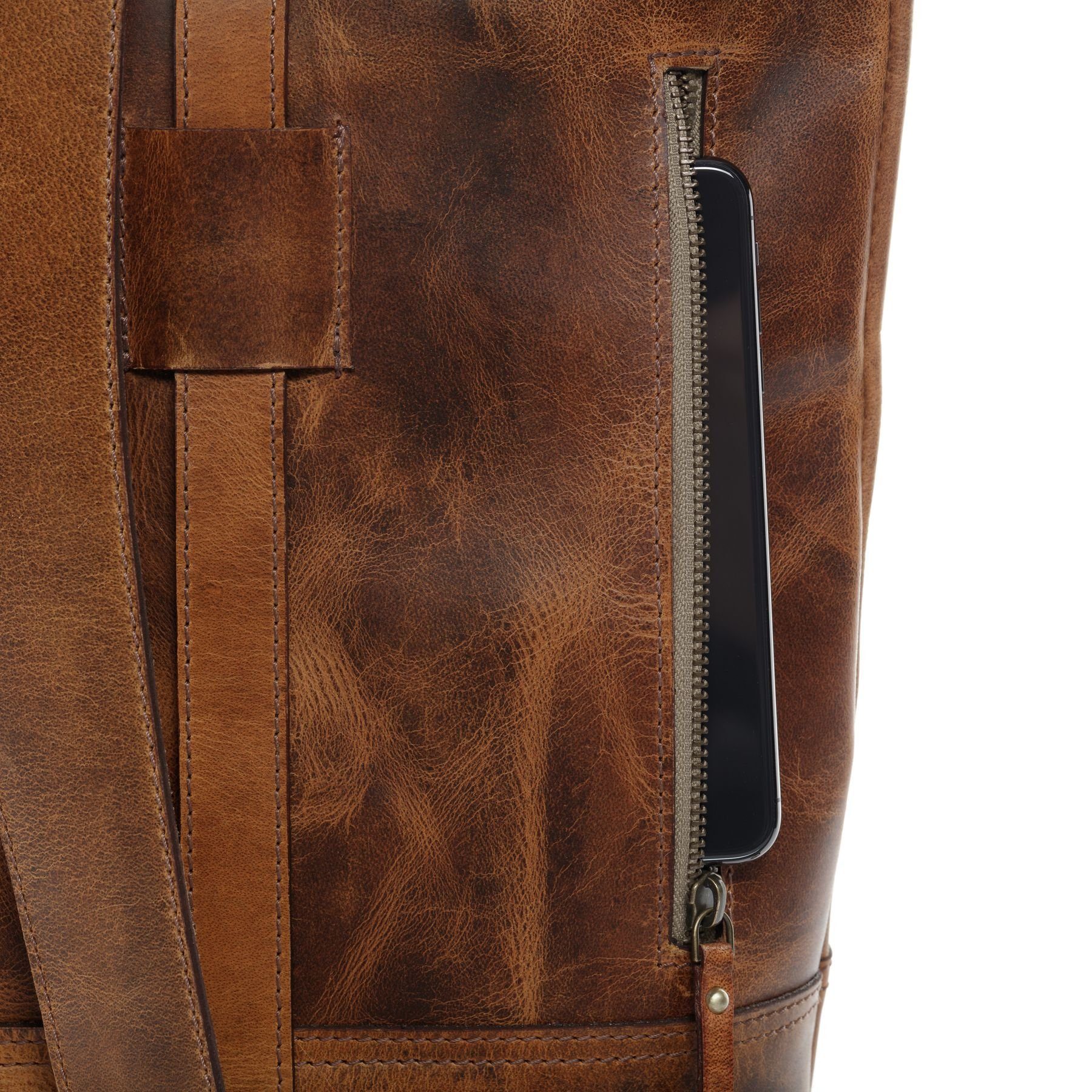 SID & VAIN Rucksack echt Leder Rucksack groß 15 Zoll Laptop Fach braun, Tagesrucksack Roll-Top Echtleder Damen Herren Vintage-hellbraun