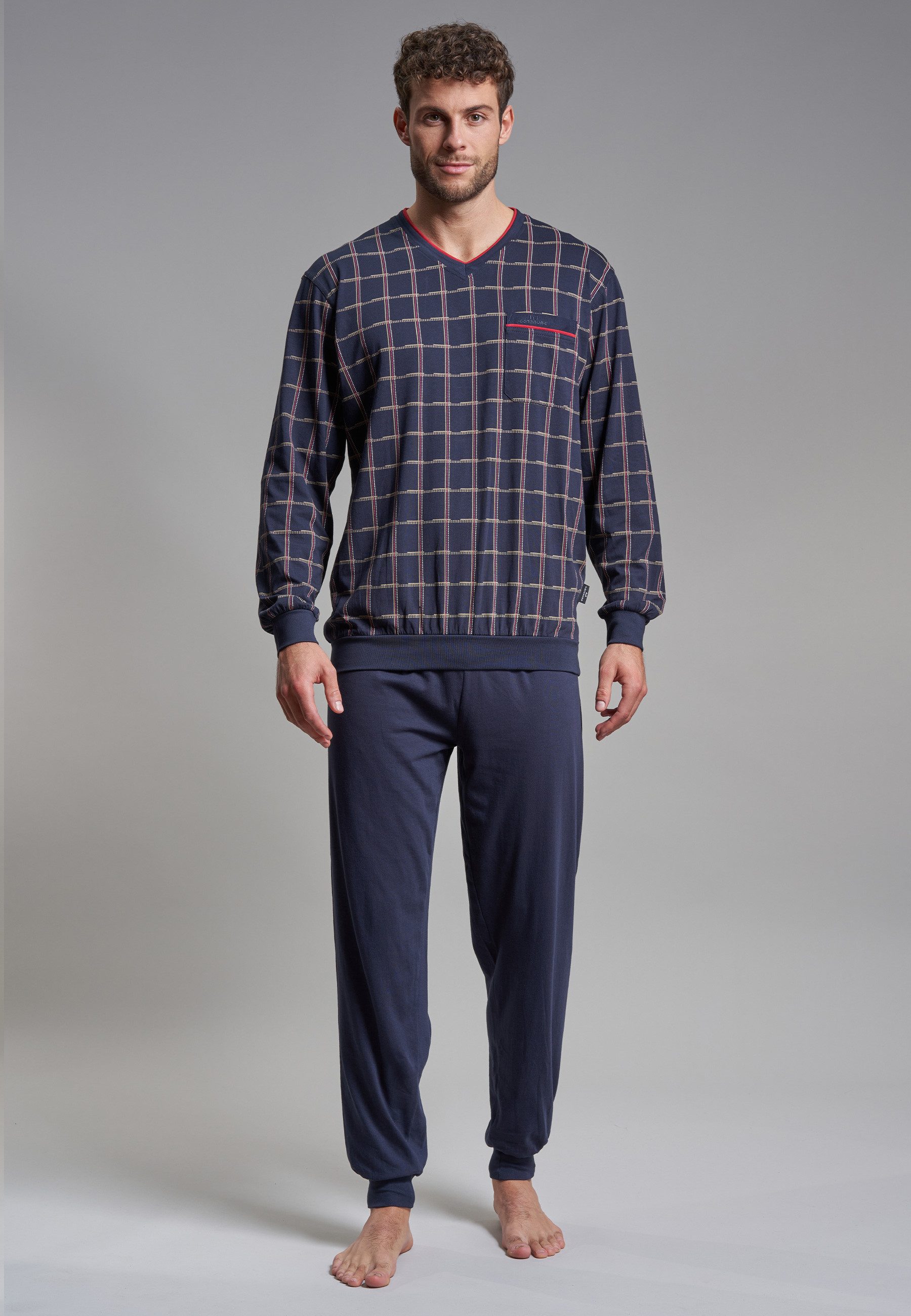 GÖTZBURG Pyjama Bronx (2 tlg) Langarm, V-Ausschnitt, lange Hose, Baumwolle, mit Muster