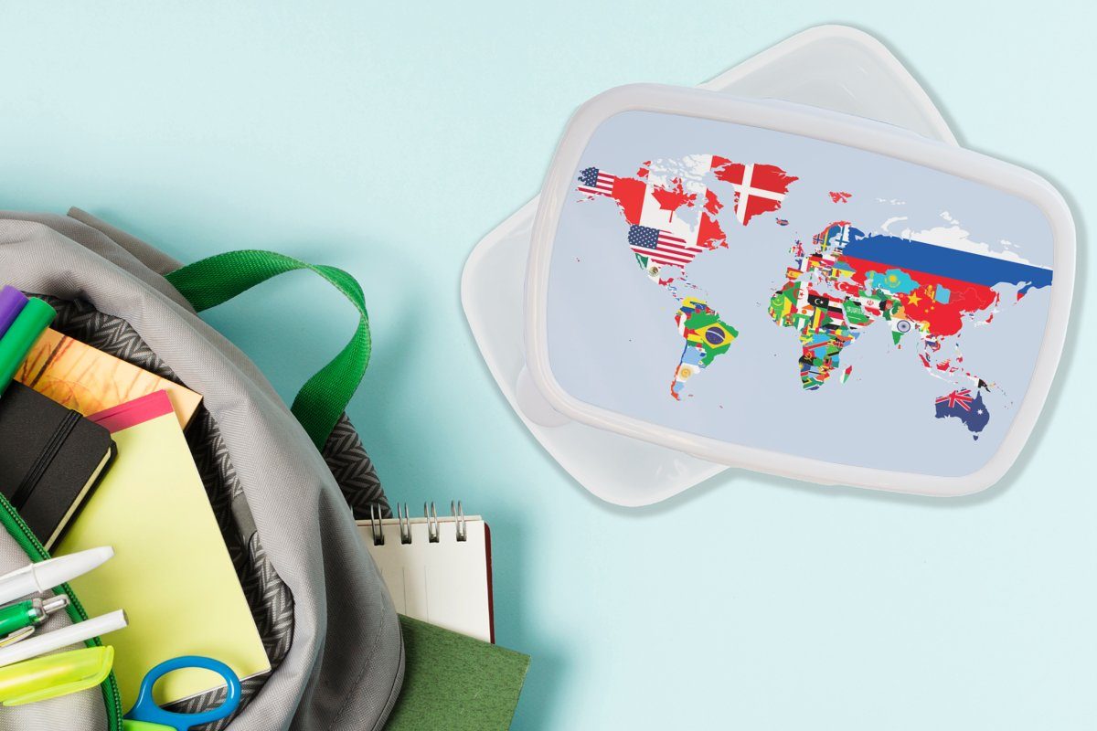 und MuchoWow Flagge Länder, Kunststoff, Mädchen Brotbox für Kinder Erwachsene, für - Karte (2-tlg), Brotdose, weiß und Jungs - - Welt Lunchbox