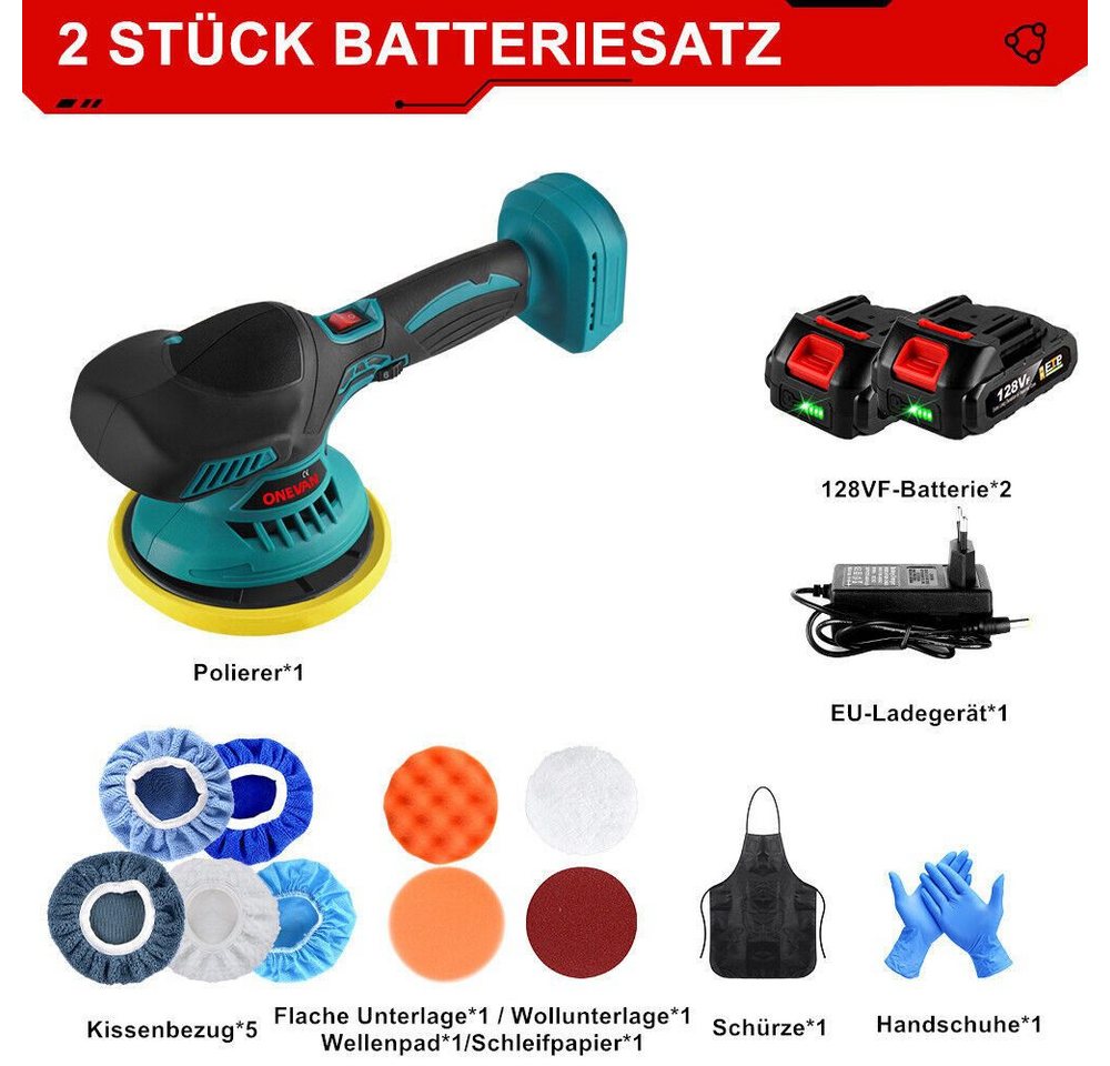 Thumbnail - ONEVAN Akku-Poliermaschine 6 Zoll Auto Poliermaschinen Puffer 6 Variable Geschwindig, (mit 2 x Akku, Mini 6 Zoll Exzente...
